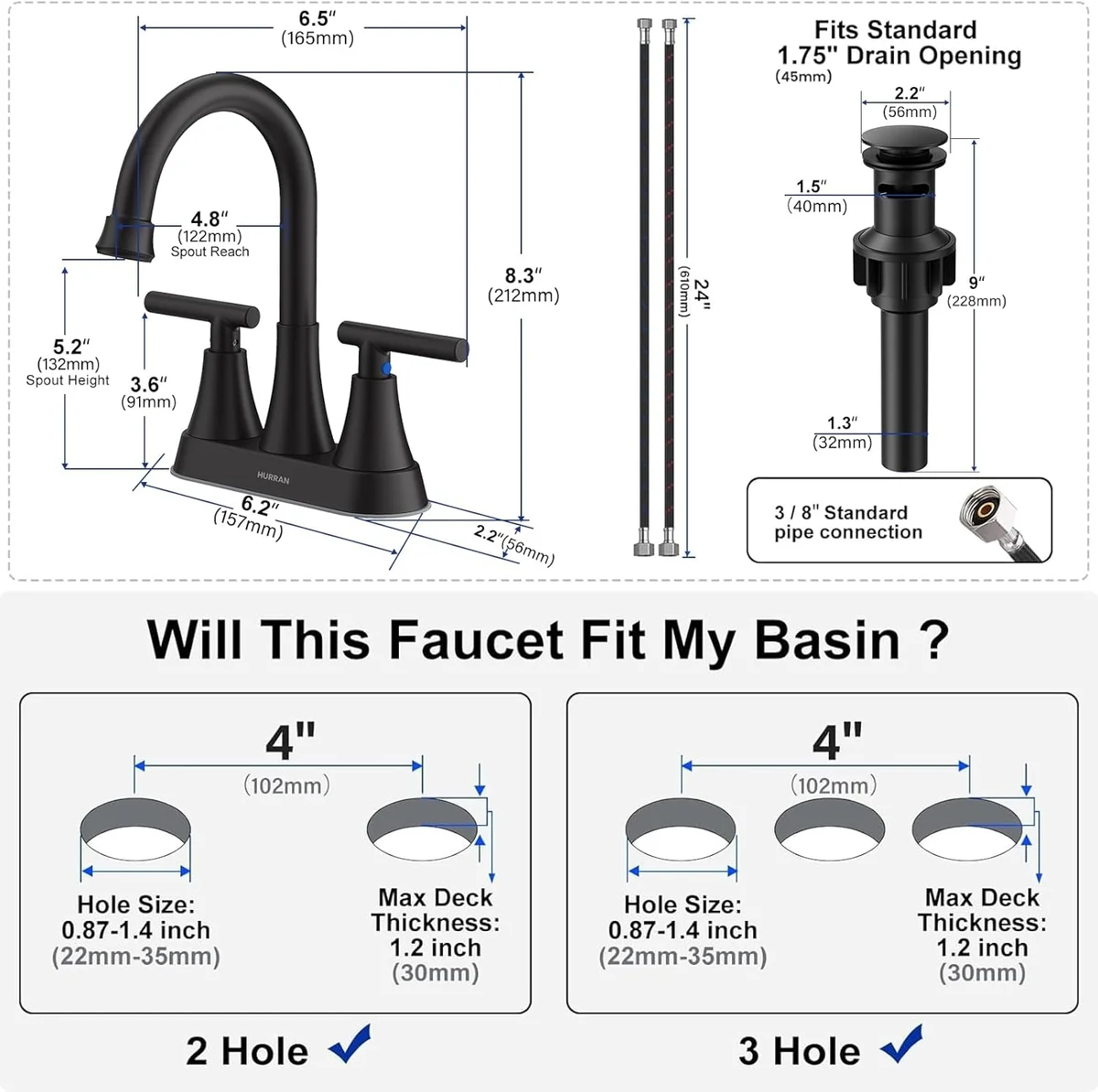 Hurran Bathroom Faucet 4 inch Matte Black 2-Handle Centerset with Pop-up Drain - New image 5