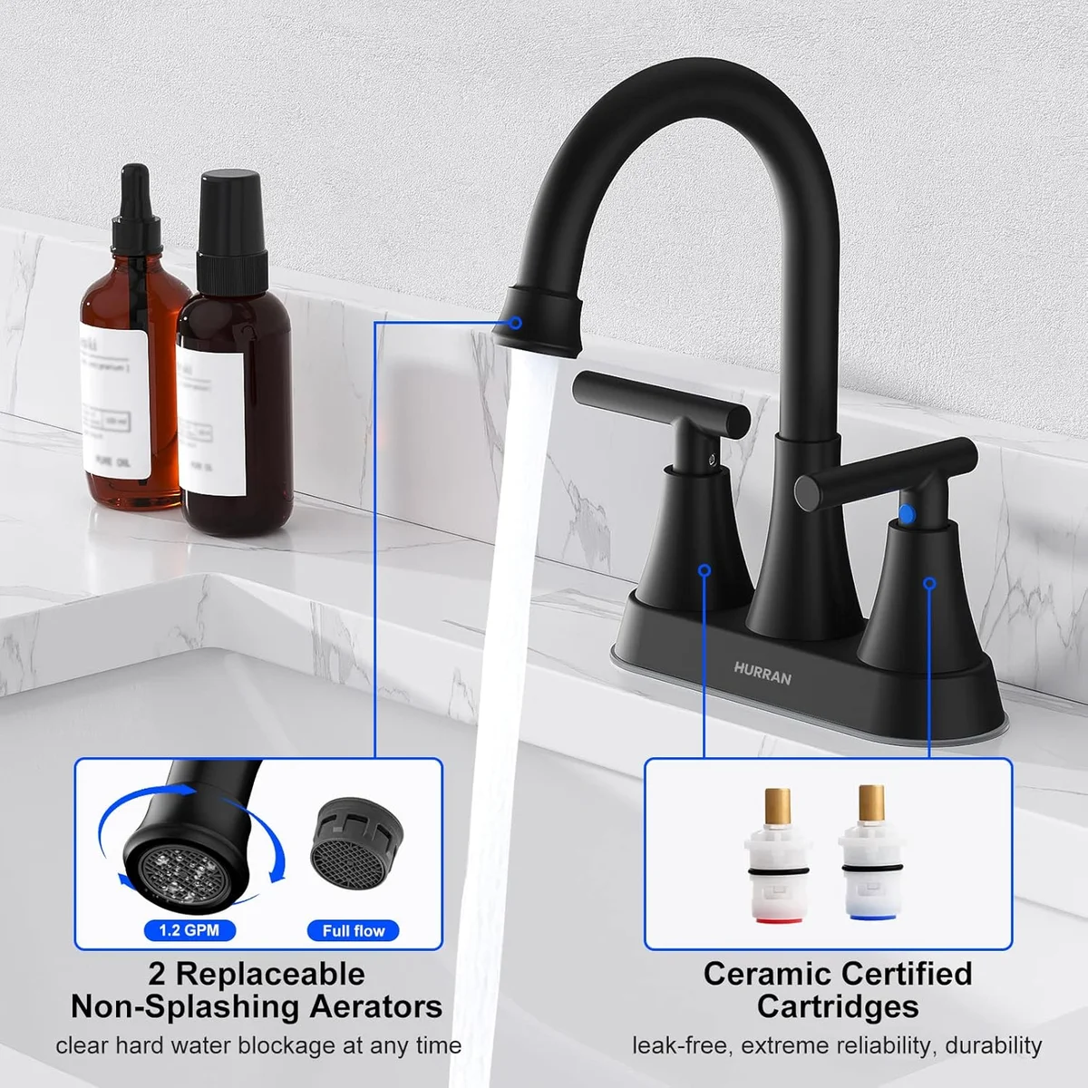 Hurran Bathroom Faucet 4 inch Matte Black 2-Handle Centerset with Pop-up Drain - New image 4