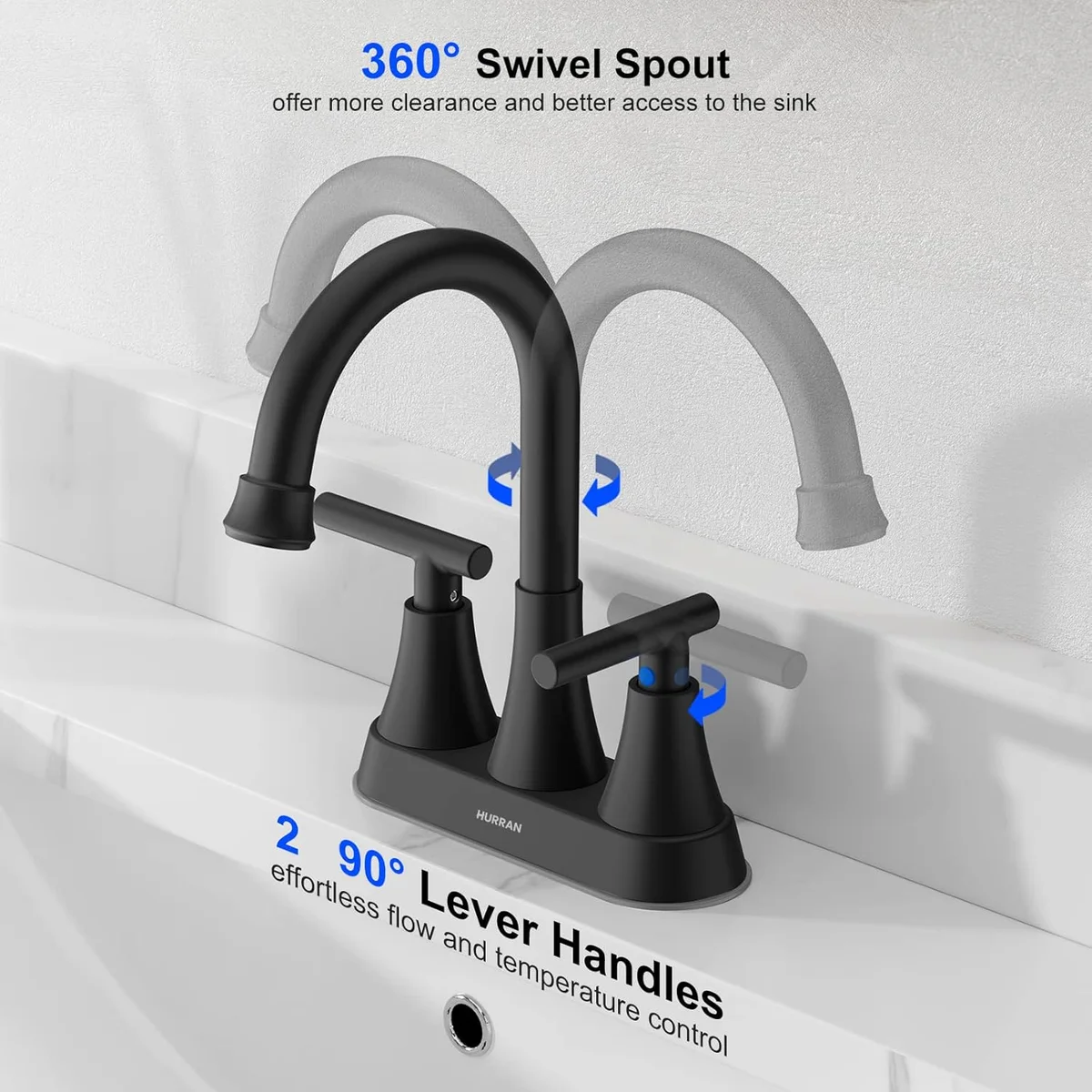 Hurran Bathroom Faucet 4 inch Matte Black 2-Handle Centerset with Pop-up Drain - New image 3