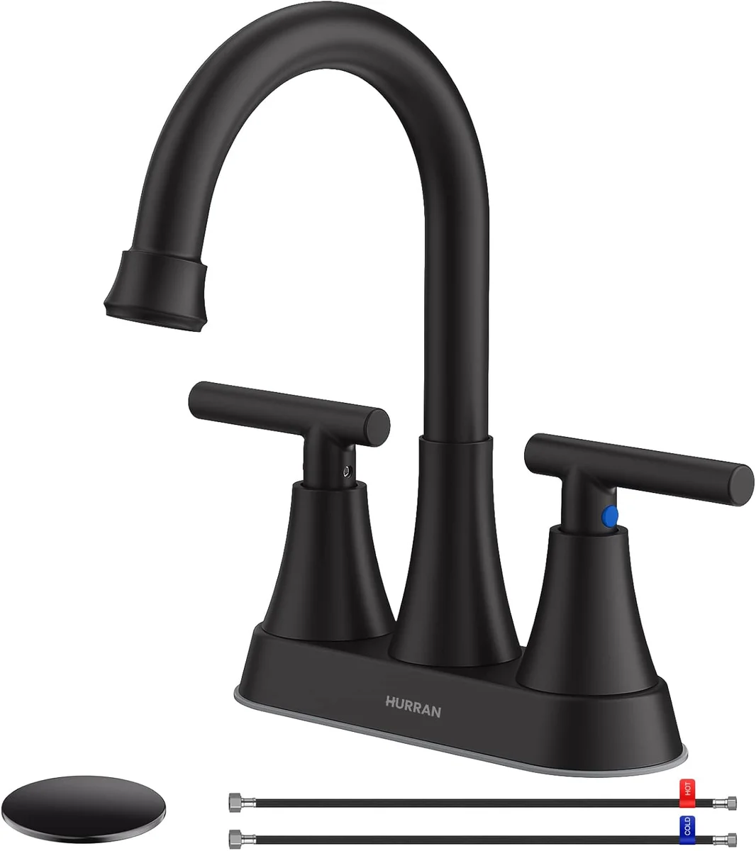 Hurran Bathroom Faucet 4 inch Matte Black 2-Handle Centerset with Pop-up Drain - New