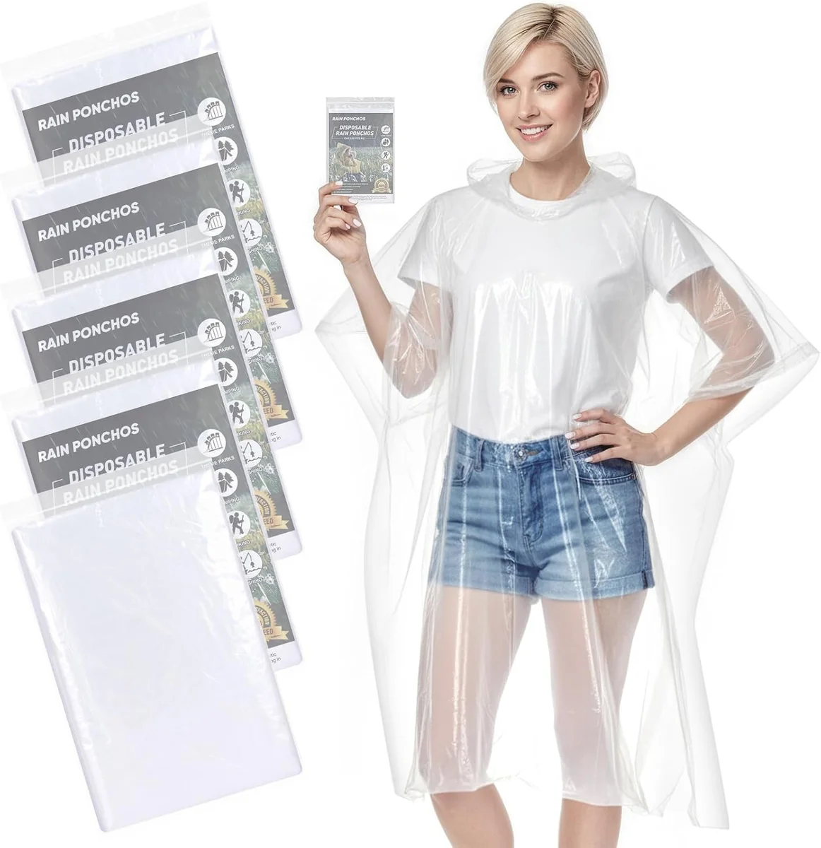 APEXUP Disposable Rain Ponchos for Adults 5 Pack Waterproof Clear New