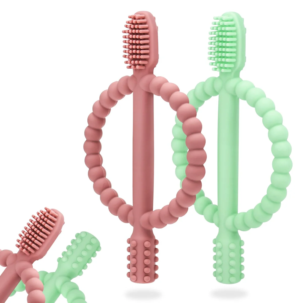 MISSLILI Baby Teething Toys Easy-Hold Handle Silicone Infant Toothbrush Textured Bright Green & Caramel New