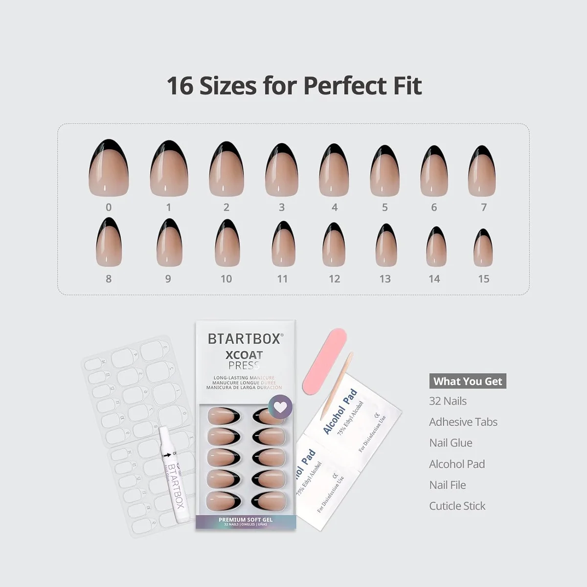 BTArtbox Press On Nails Short - Black French Almond 32 Soft Gel Glue On Nails Kit - New image 5
