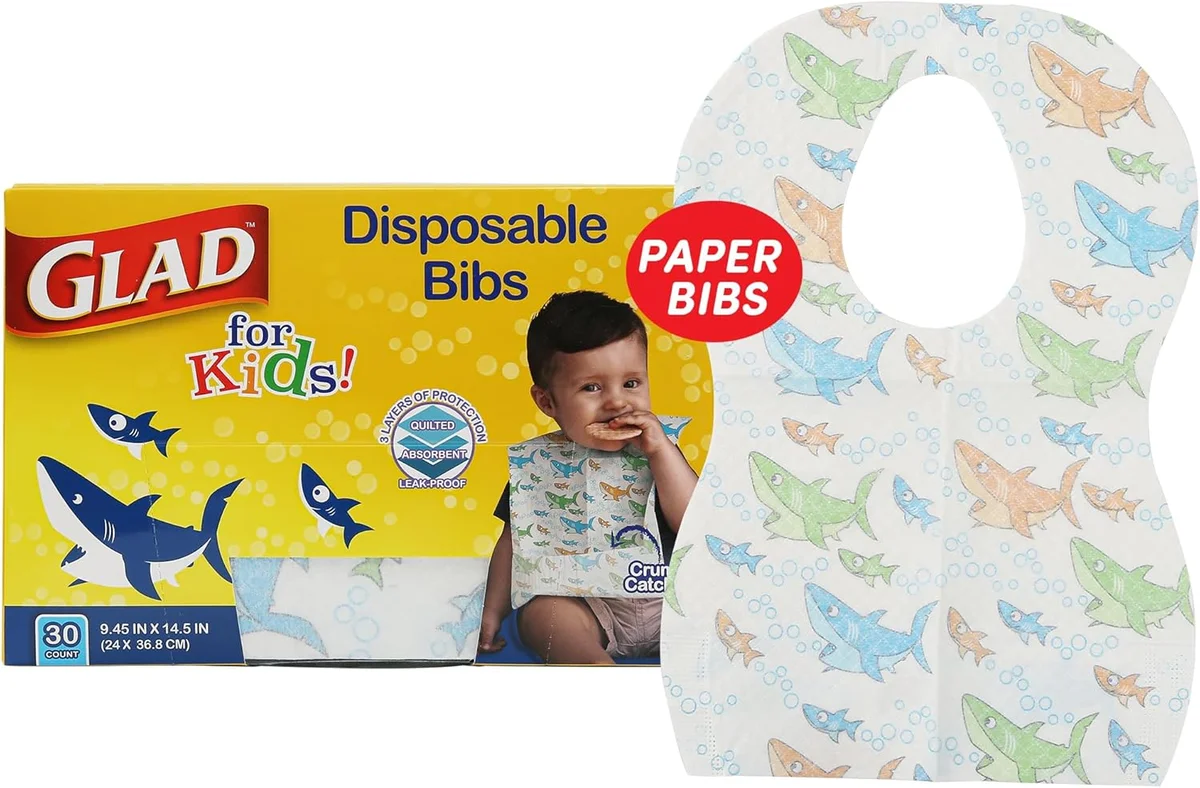Glad Shark Disposable Paper Bibs with Crumb Catcher 30 Count - New