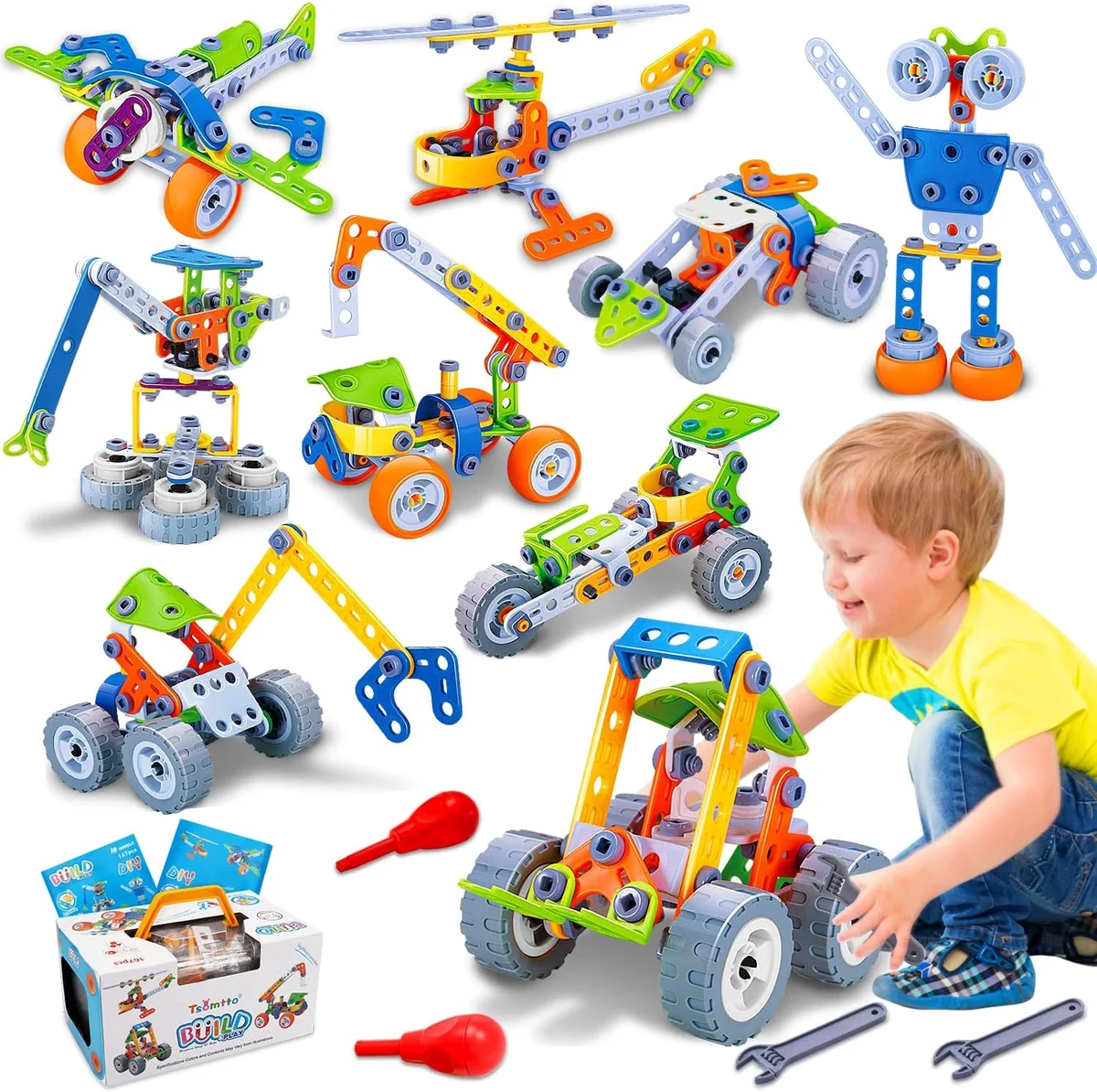 Tsomtto 10 in 1 STEM Toys Building Kits 167 Pieces for Kids Ages 3-8 Plastic New