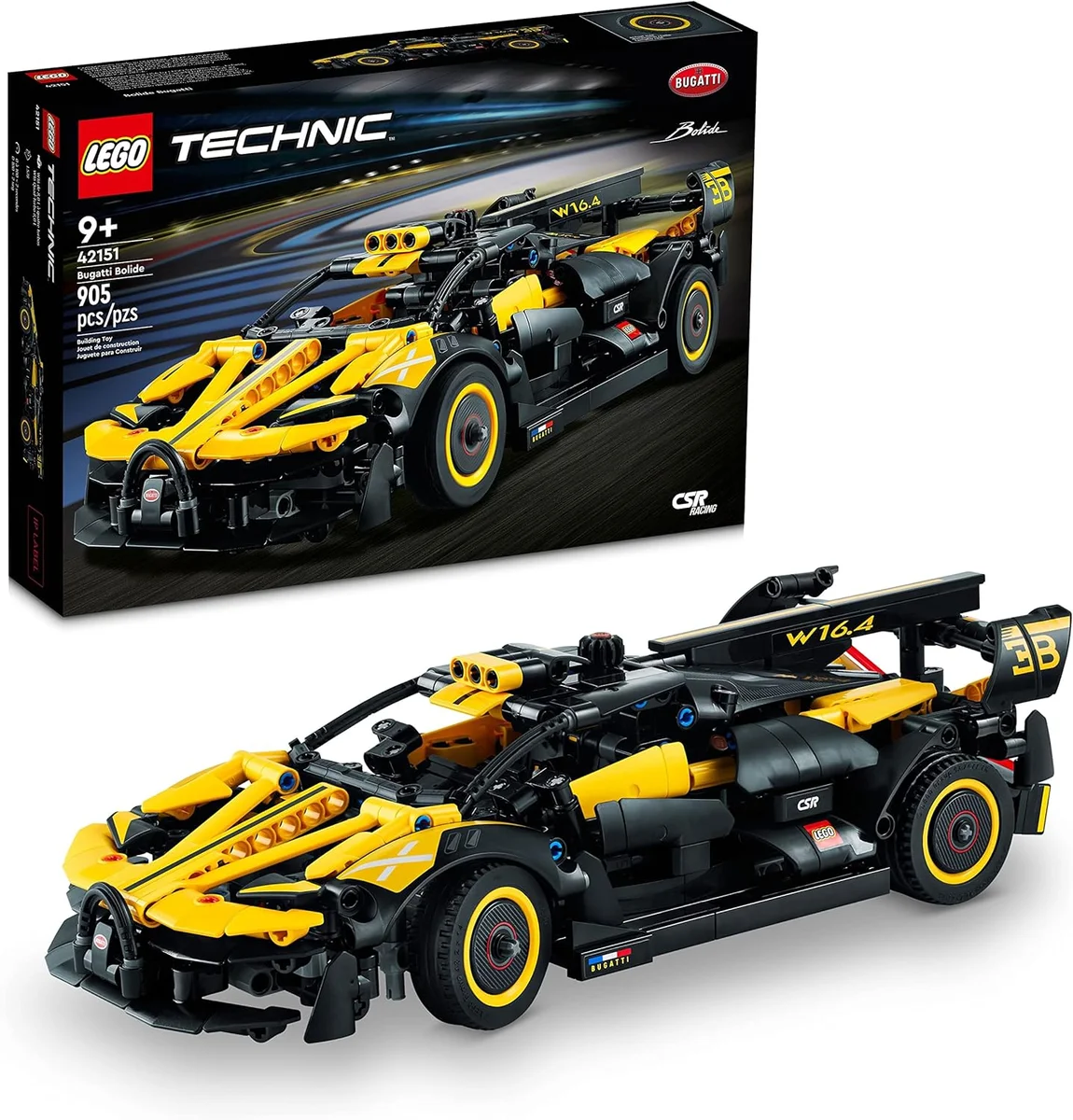 LEGO Bugatti Bolide Racing Car Building Set 42151 905 Pieces Black, Yellow - New