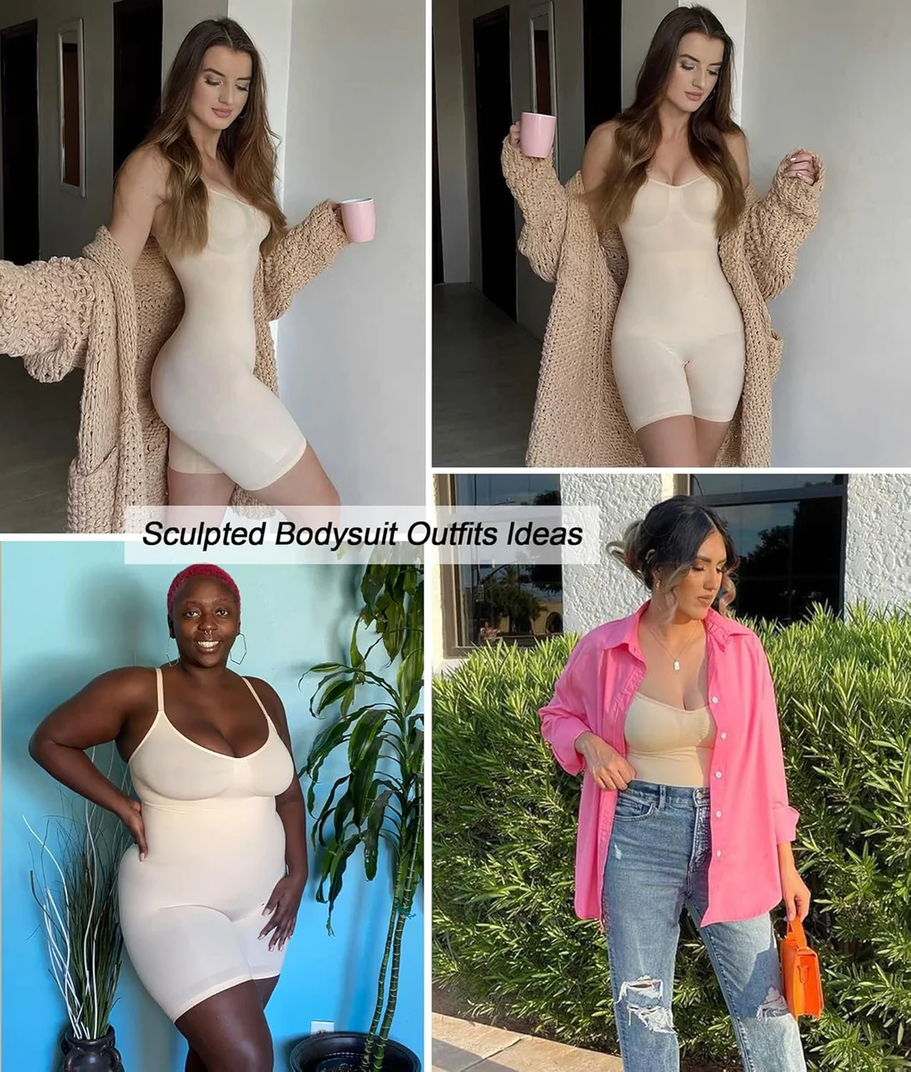SHAPERX Shapewear for Women Tummy Control Bodysuit SZ5218-2-Beige-L/XL Mid Thigh Nylon Spandex New image 2