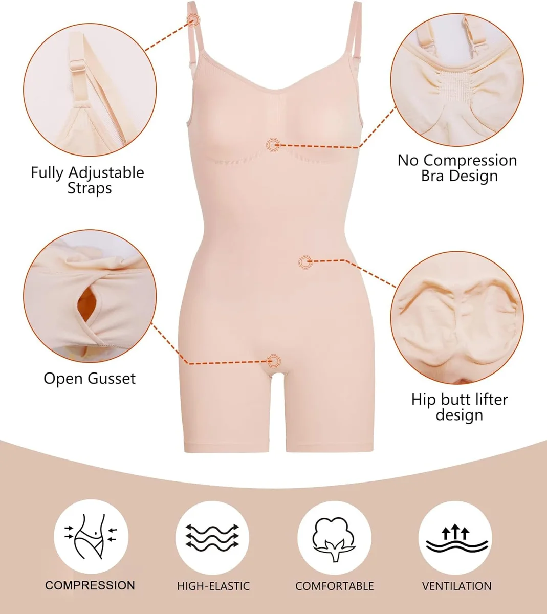 SHAPERX Shapewear for Women Tummy Control Bodysuit SZ5218-2-Beige-L/XL Mid Thigh Nylon Spandex New image 4