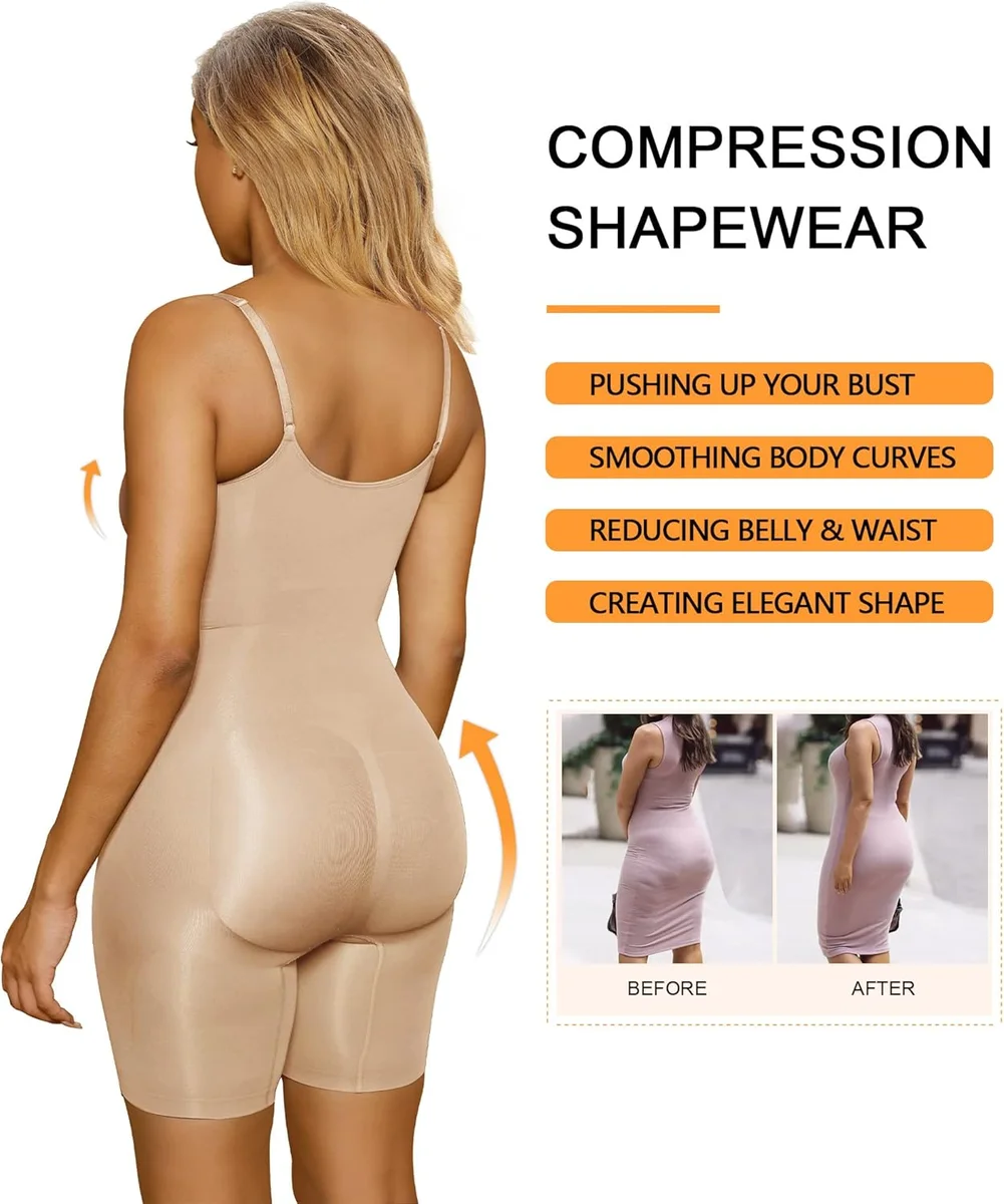SHAPERX Shapewear for Women Tummy Control Bodysuit SZ5218-2-Beige-L/XL Mid Thigh Nylon Spandex New image 5