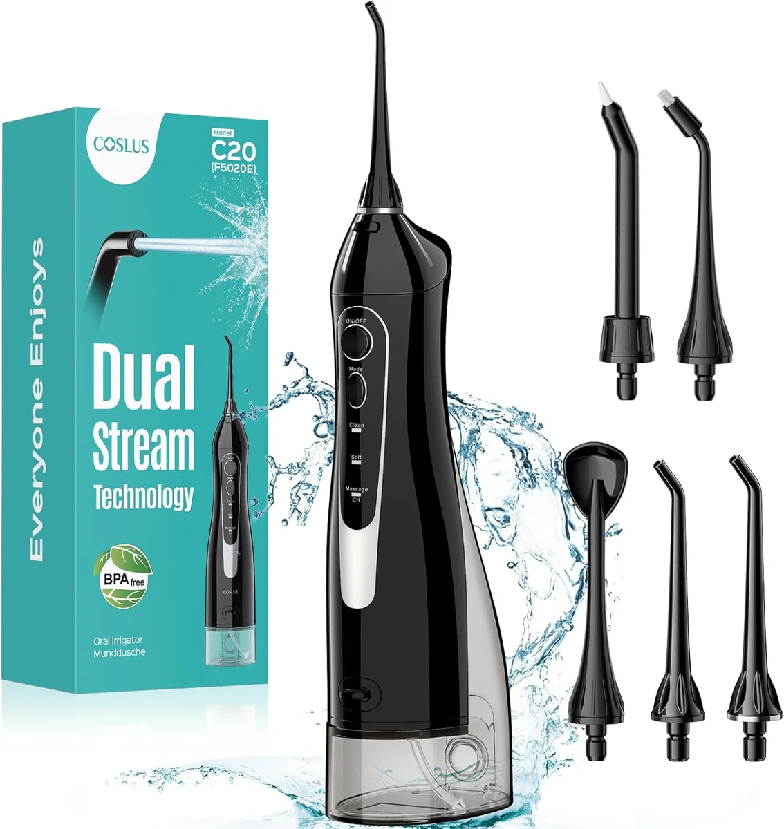 COSLUS Water Dental Flosser C20 300ML Portable Cordless IPX7 Waterproof Black New