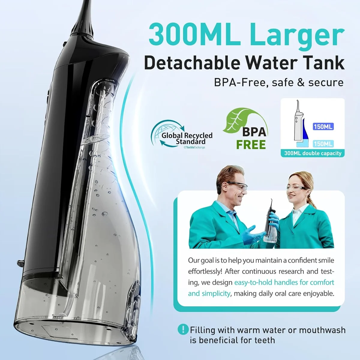 COSLUS Water Dental Flosser C20 300ML Portable Cordless IPX7 Waterproof Black New image 3