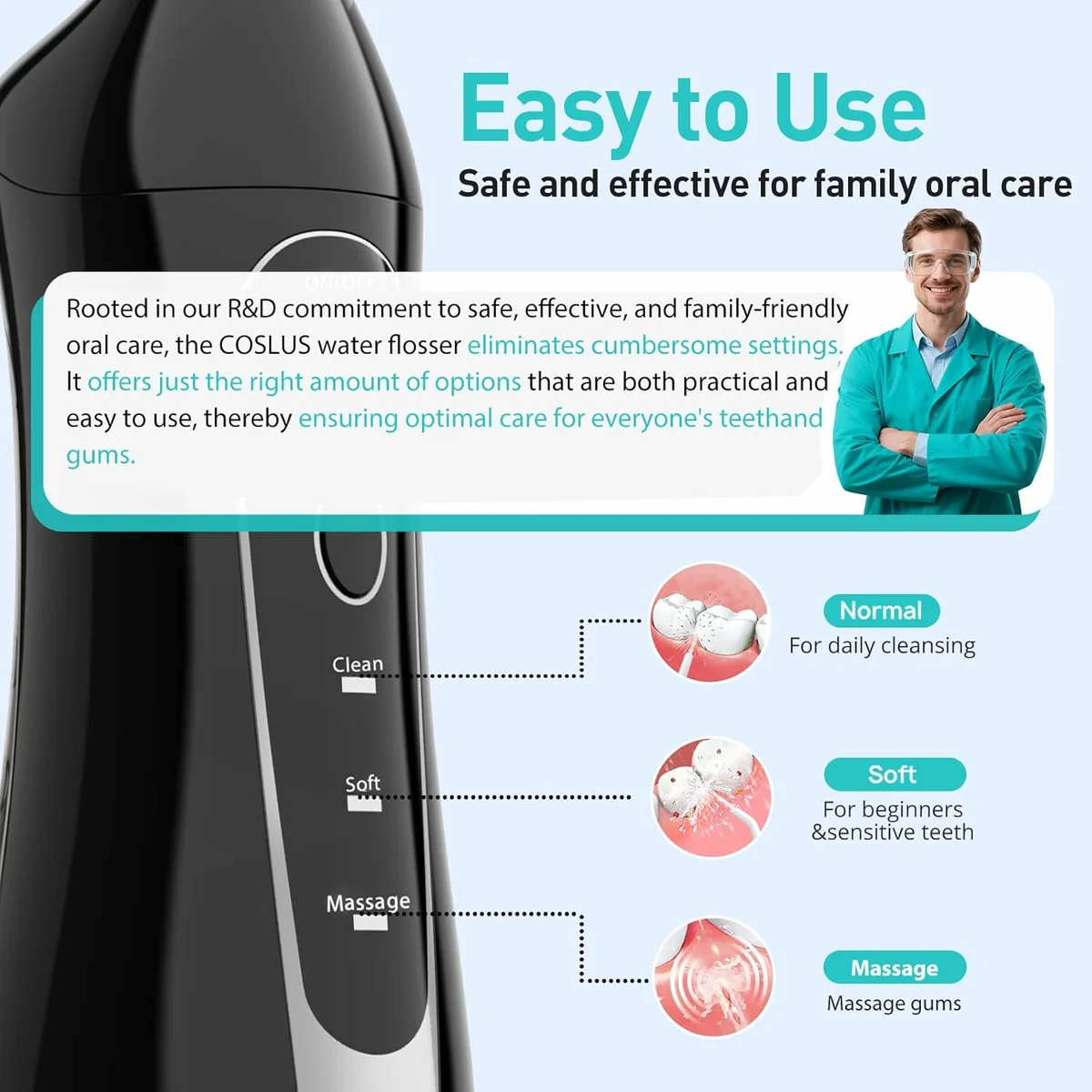 COSLUS Water Dental Flosser C20 300ML Portable Cordless IPX7 Waterproof Black New image 5