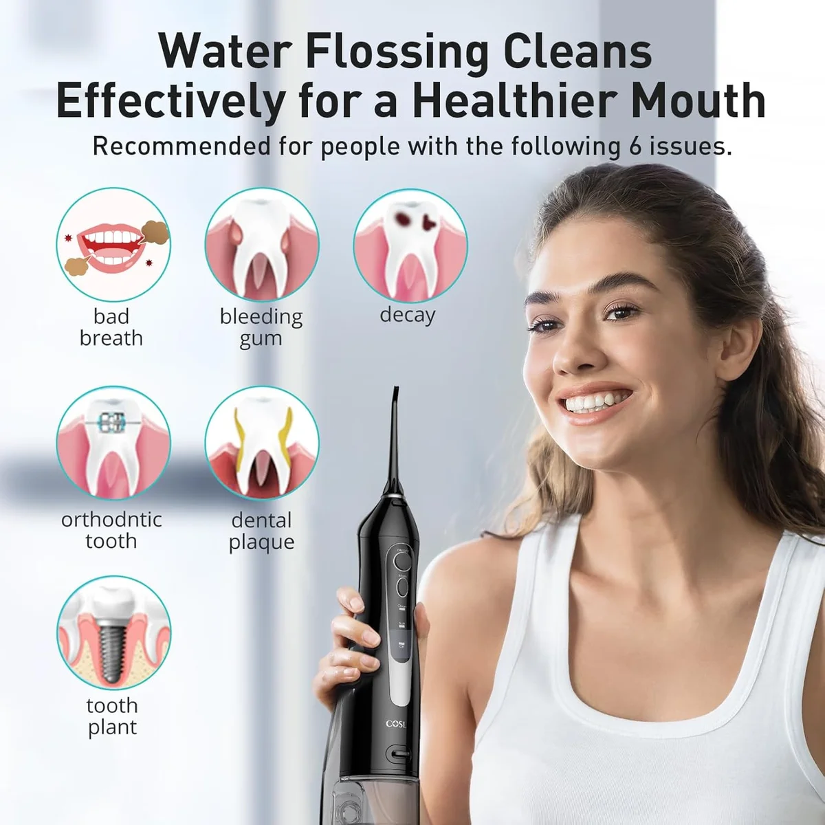 COSLUS Water Dental Flosser C20 300ML Portable Cordless IPX7 Waterproof Black New image 8
