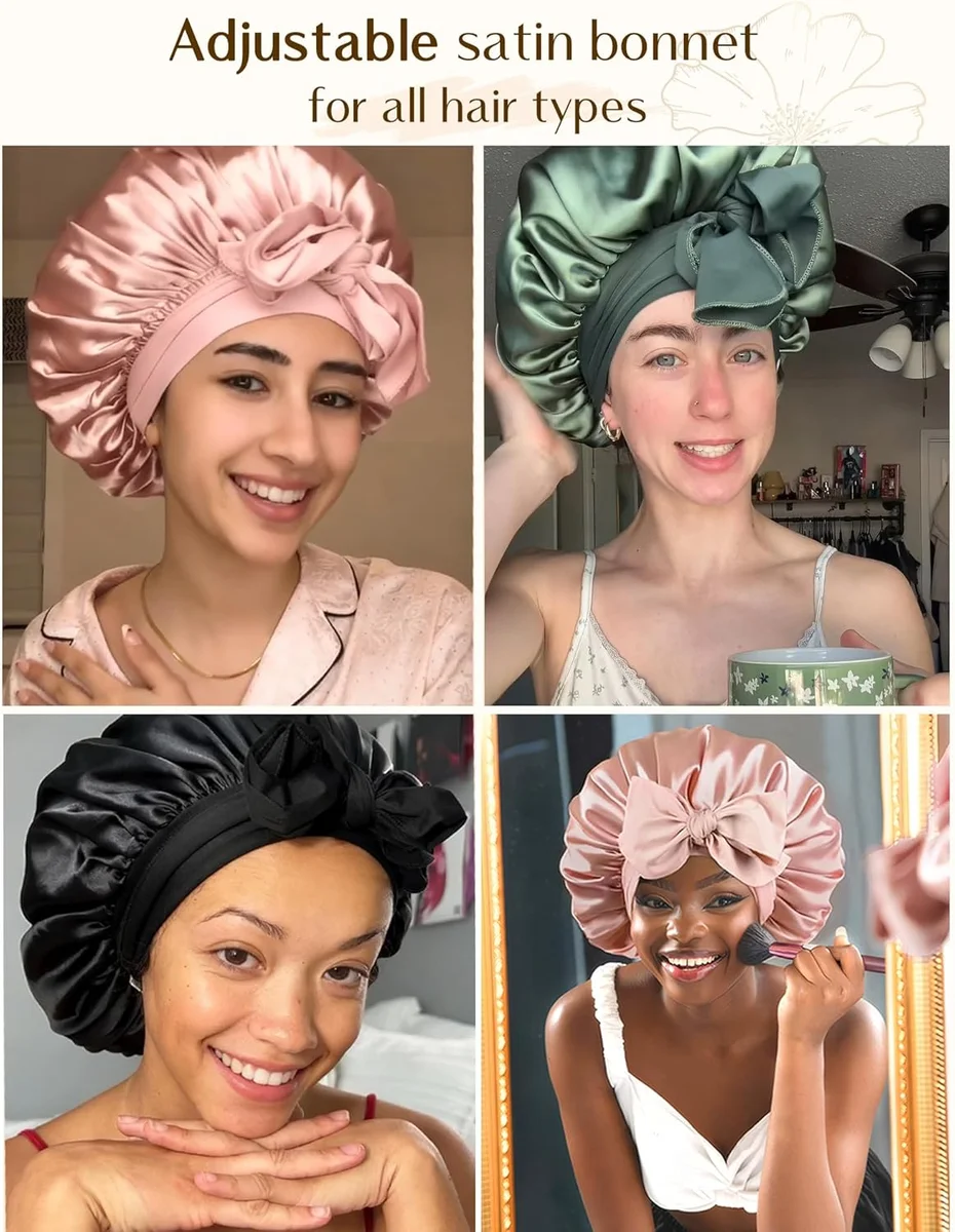 YANIBEST Adjustable Satin Bonnet for Sleeping Women Double Layer Hair Wrap Blush Pink New image 5