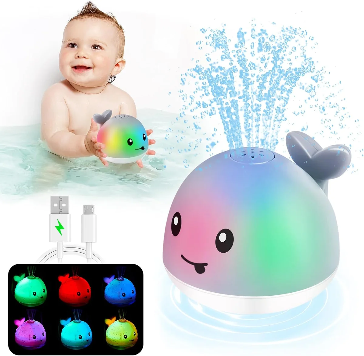 ANGGIKO Baby Bath Toys Whale Sprinkler Rechargeable Grey New