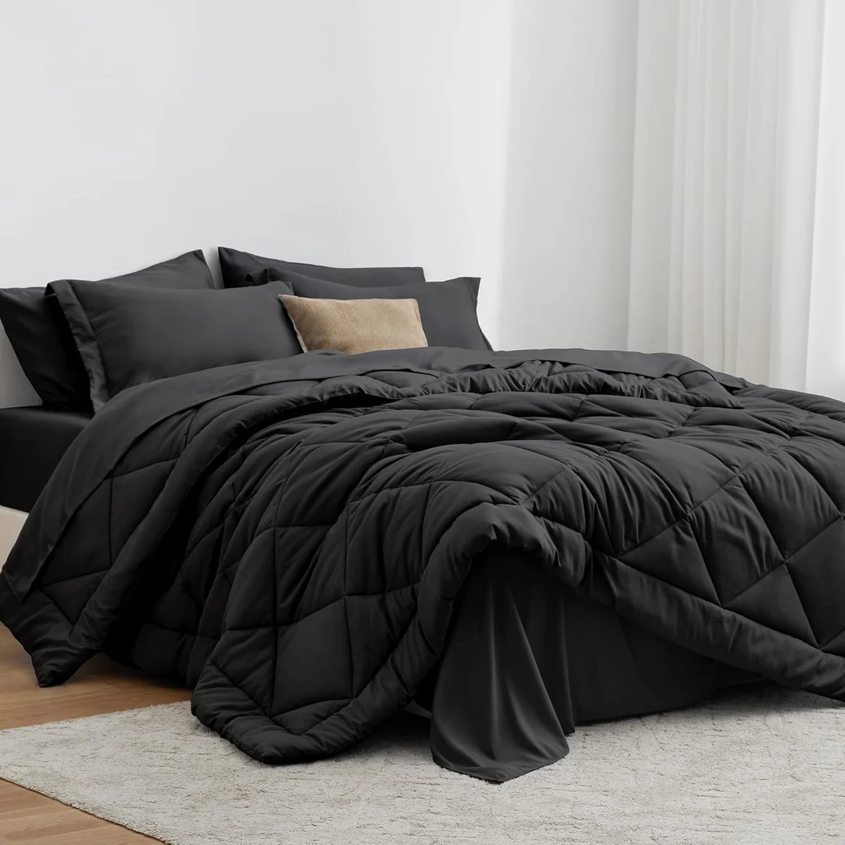 Love's cabin King Size Comforter Set Black 7 Pieces All Season Bedding Set New
