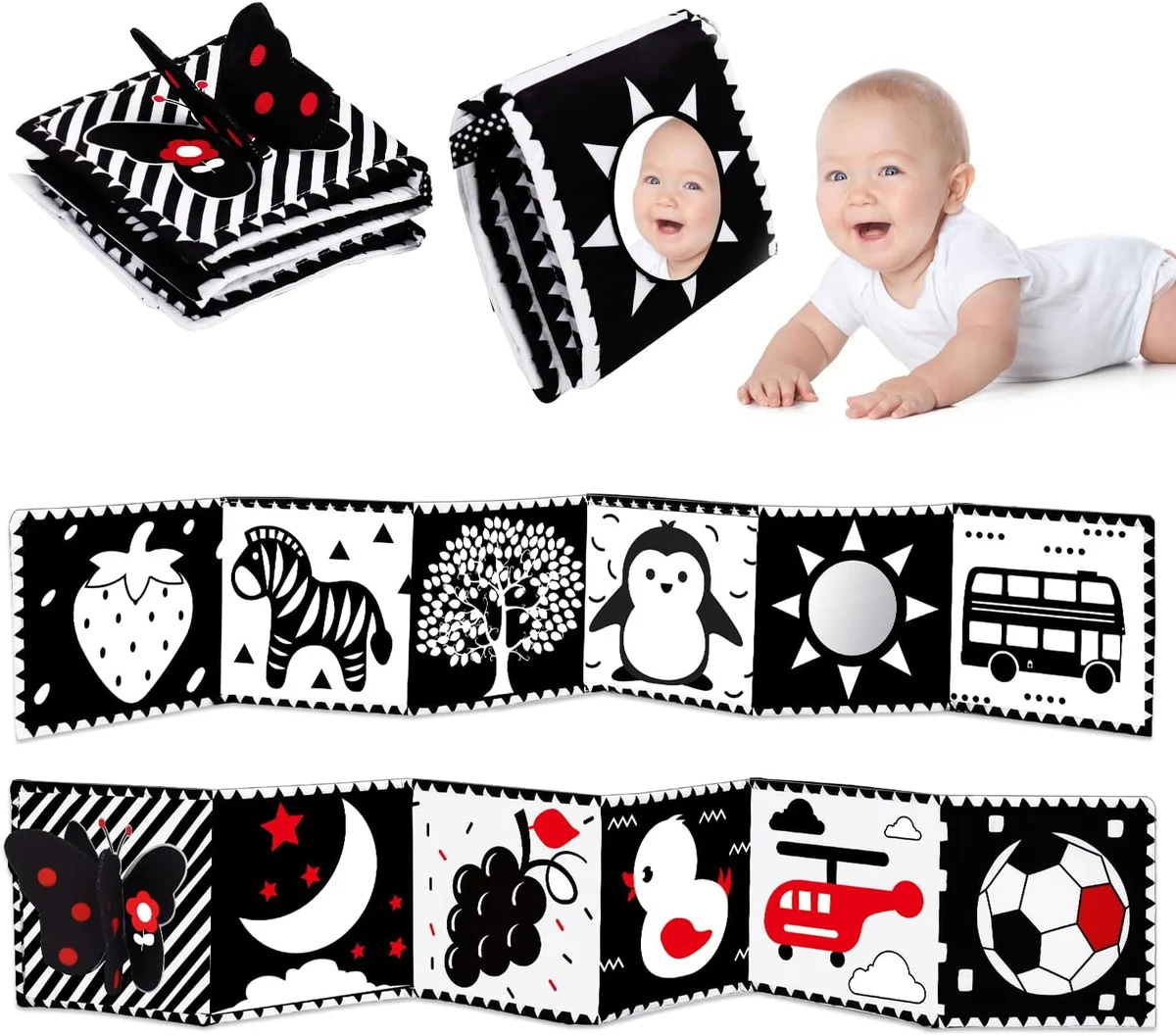 Thremhoo Black and White High Contrast Baby Toy Soft Crinkle Book Mirror 1 PCS Cotton New