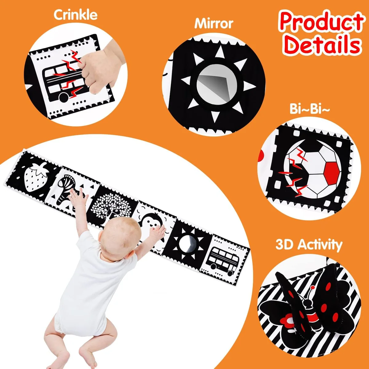 Thremhoo Black and White High Contrast Baby Toy Soft Crinkle Book Mirror 1 PCS Cotton New image 4