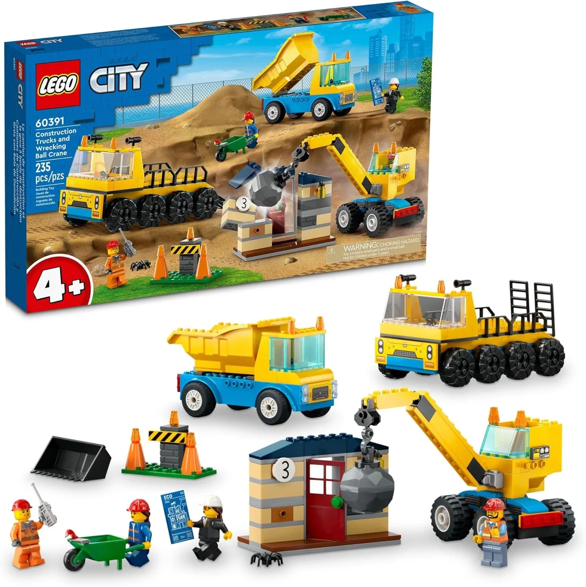 LEGO City Construction Trucks and Wrecking Ball Crane 60391 Building Toy Set 235 Pieces - New