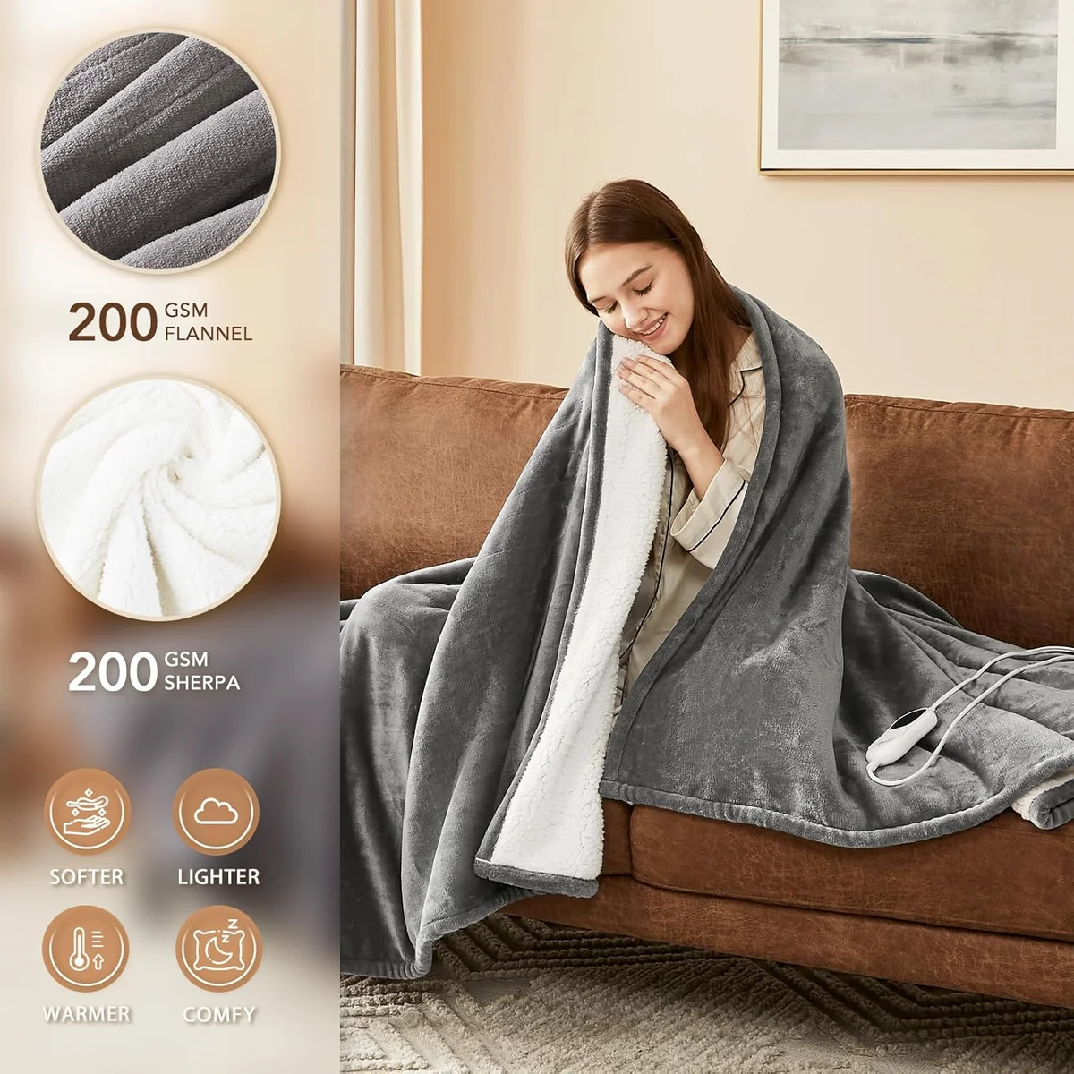 Homemate Heated Blanket Electric Throw YZH-5060T 50"x60" 10 Heat Levels Light Grey New image 2