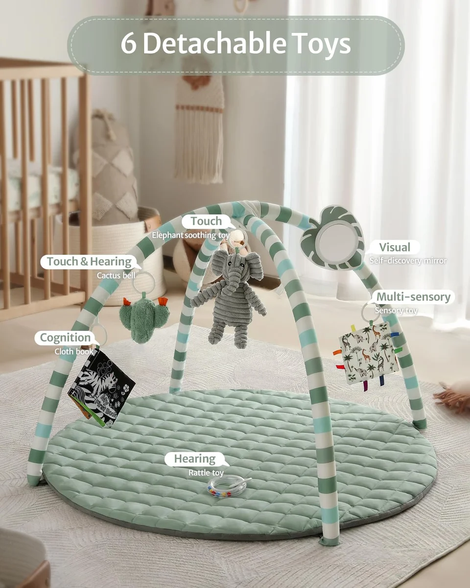 Blissful Diary Baby Play Gym Mat YXTLYY 6 Detachable Toys 33.46"L x 33.46"W Sage Green New image 4