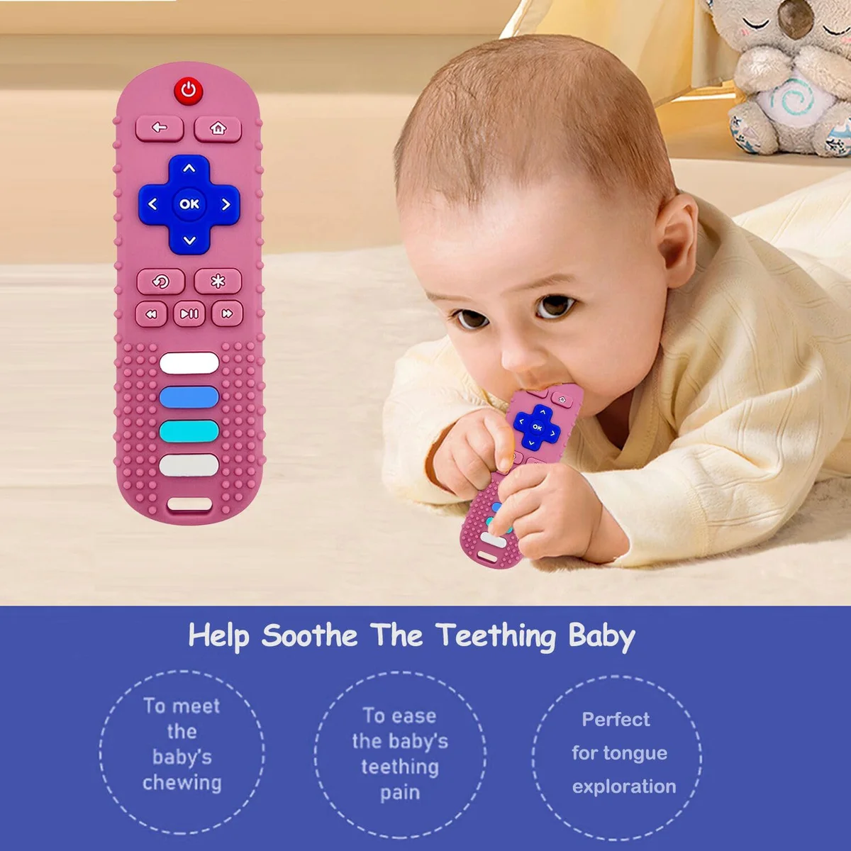 ROBBEAR Baby Teething Toys TV Remote Teether Food Grade Silicone Pink RC New image 5