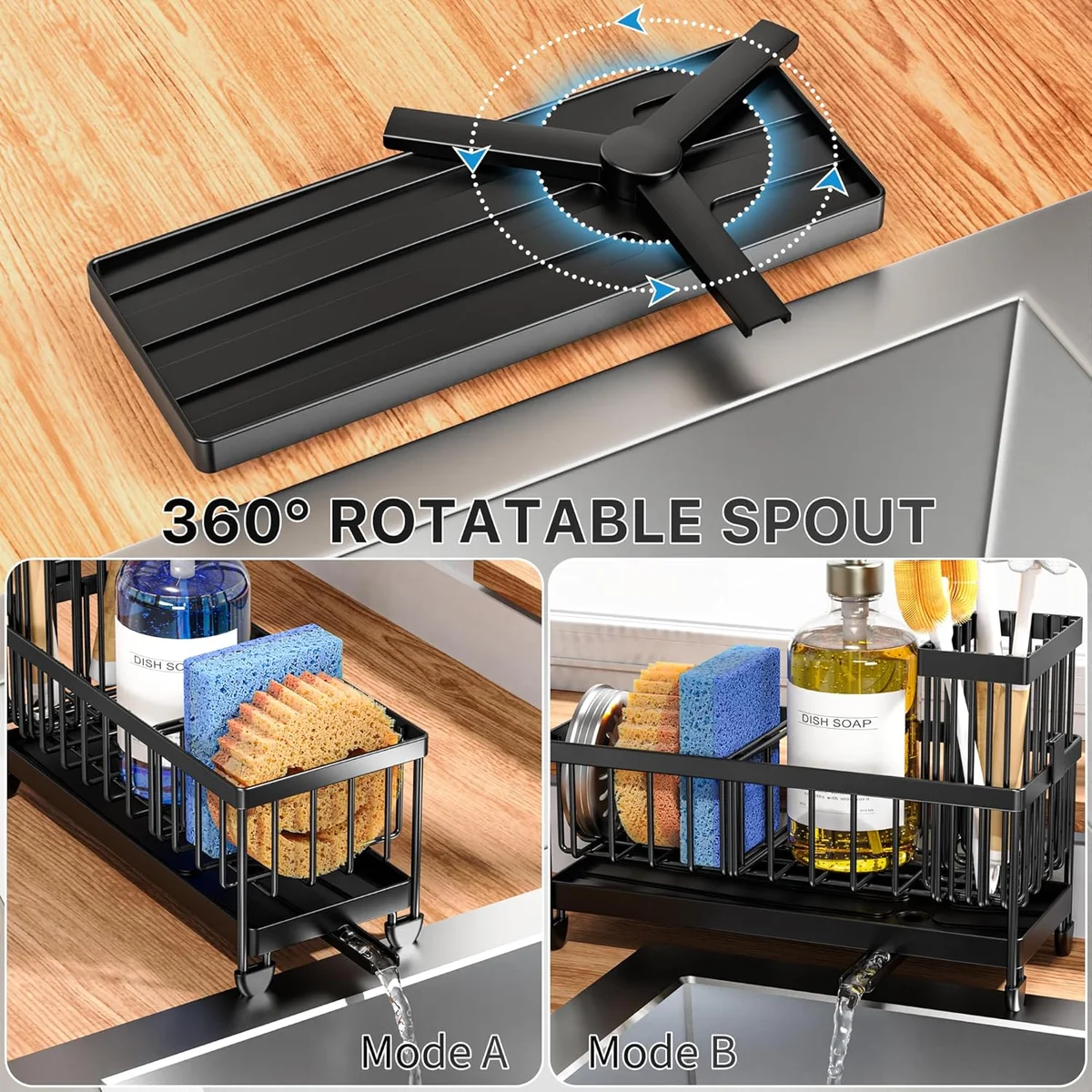 Cisily Sponge Holder for Kitchen Sink, Sink Caddy Organizer with High Brush Holder, Kitchen Countertop Organizers and Storage Essentials, Rustproof 304 Stainless Steel (Black, 9.25″) image 2