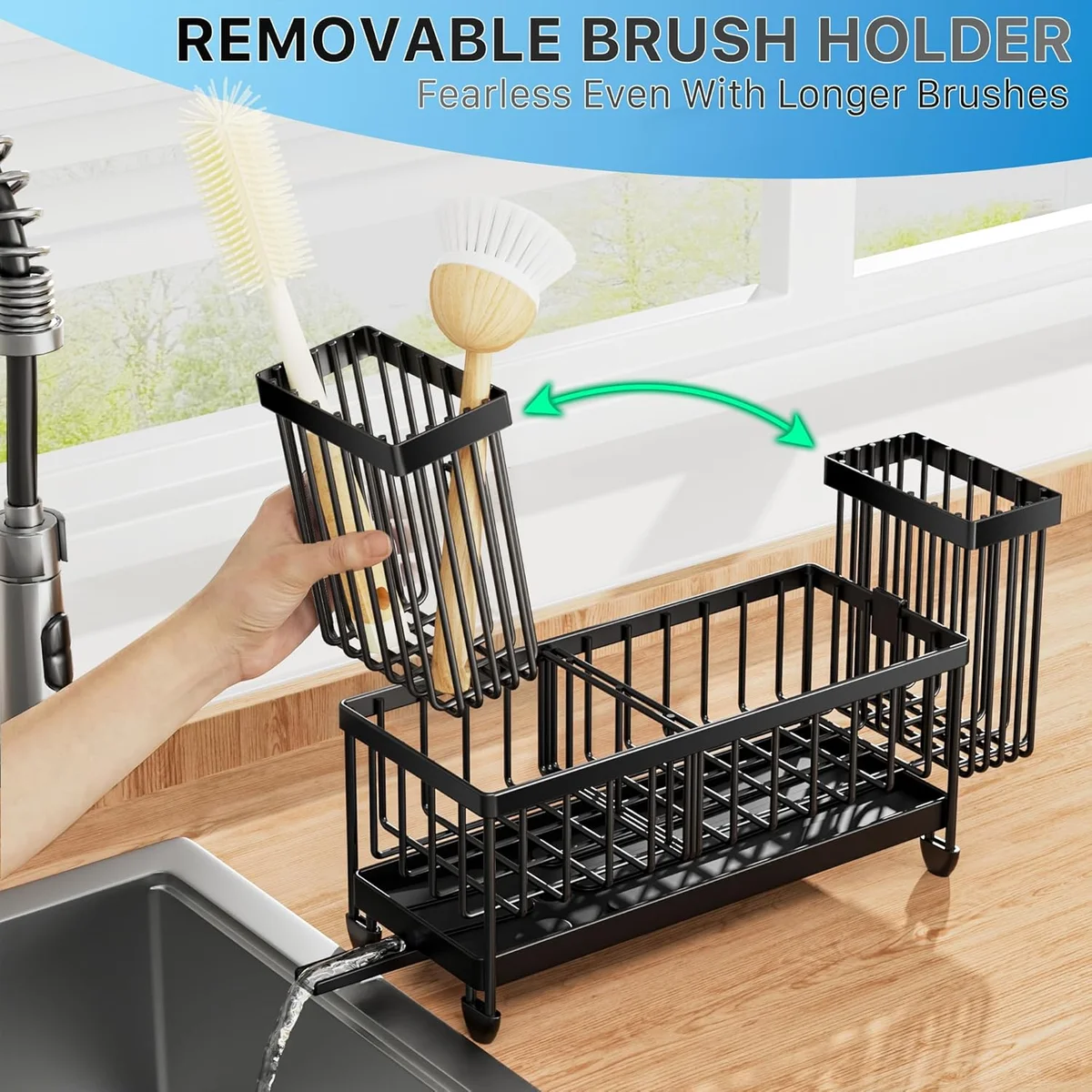 Cisily Sponge Holder for Kitchen Sink, Sink Caddy Organizer with High Brush Holder, Kitchen Countertop Organizers and Storage Essentials, Rustproof 304 Stainless Steel (Black, 9.25″) image 3