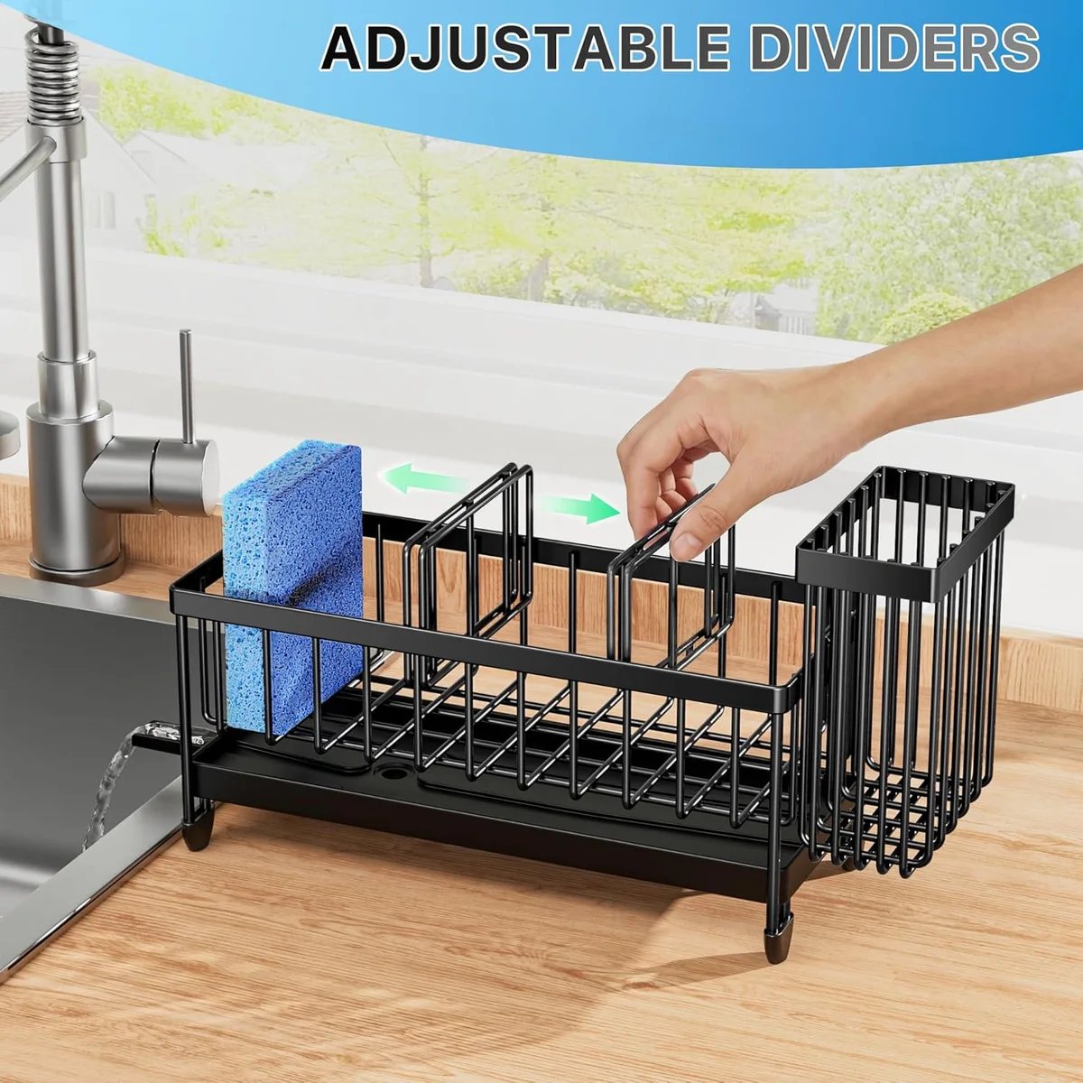 Cisily Sponge Holder for Kitchen Sink, Sink Caddy Organizer with High Brush Holder, Kitchen Countertop Organizers and Storage Essentials, Rustproof 304 Stainless Steel (Black, 9.25″) image 4