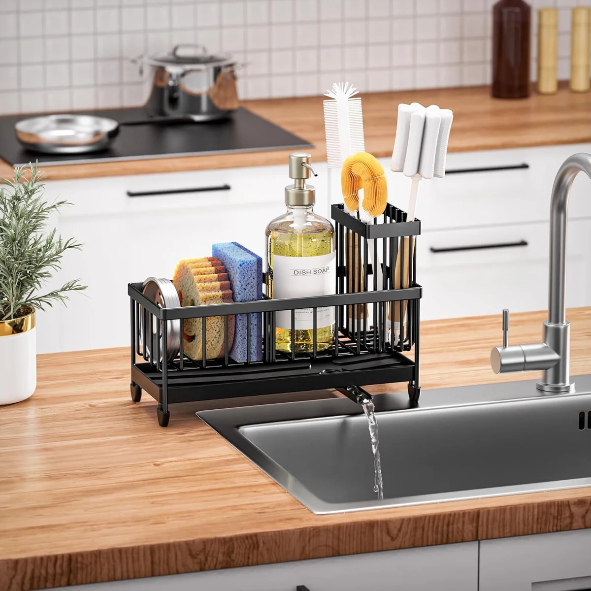 Cisily Sponge Holder for Kitchen Sink, Sink Caddy Organizer with High Brush Holder, Kitchen Countertop Organizers and Storage Essentials, Rustproof 304 Stainless Steel (Black, 9.25″) image 7