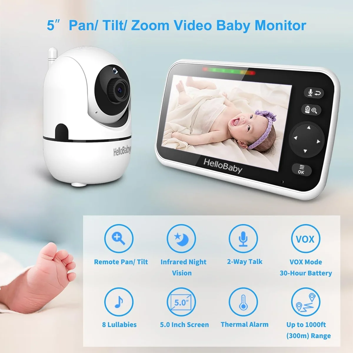 HelloBaby No WiFi Baby Monitor HB6550 5" Screen 30-Hour Battery Pan-Tilt-Zoom - New image 2