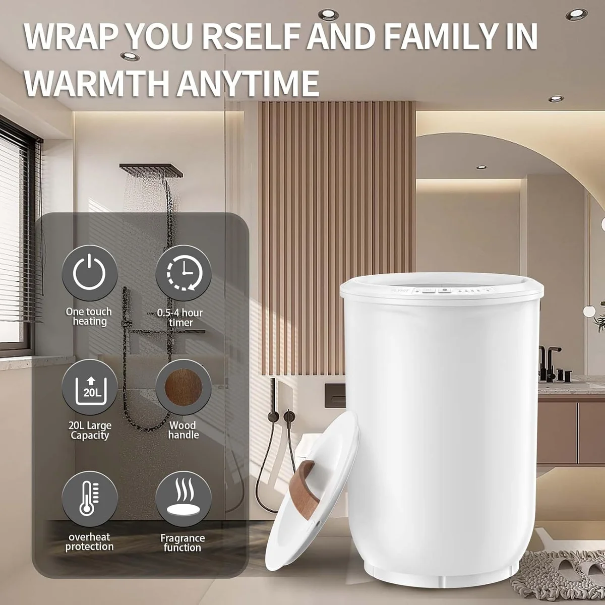FLYHIT Large Towel Warmer TW-ST1912 19" Freestanding Matte Plastic Wood Handle White New image 3