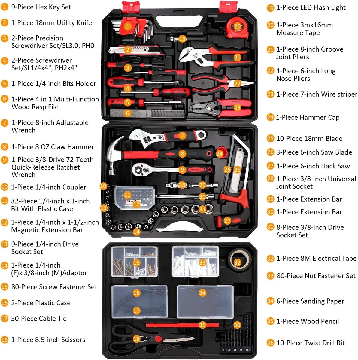 KingTool 325 Piece Home Repair Tool Kit DS-HDT001 - Carbon Steel, Toolbox Included, New image 2