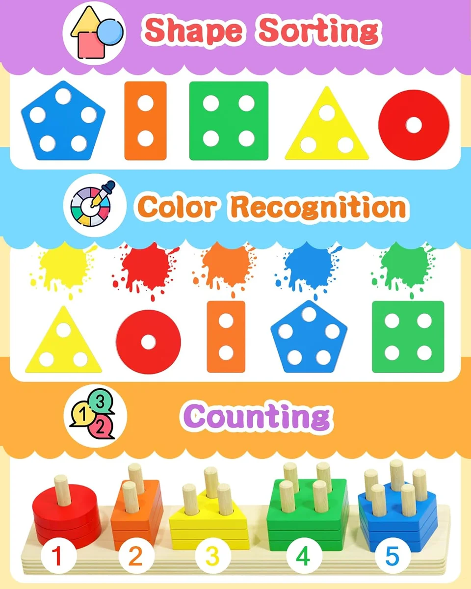 Tonberless Montessori Toys Shape Sorter 20 Pieces Wooden Learning Puzzles Multicolored New image 3