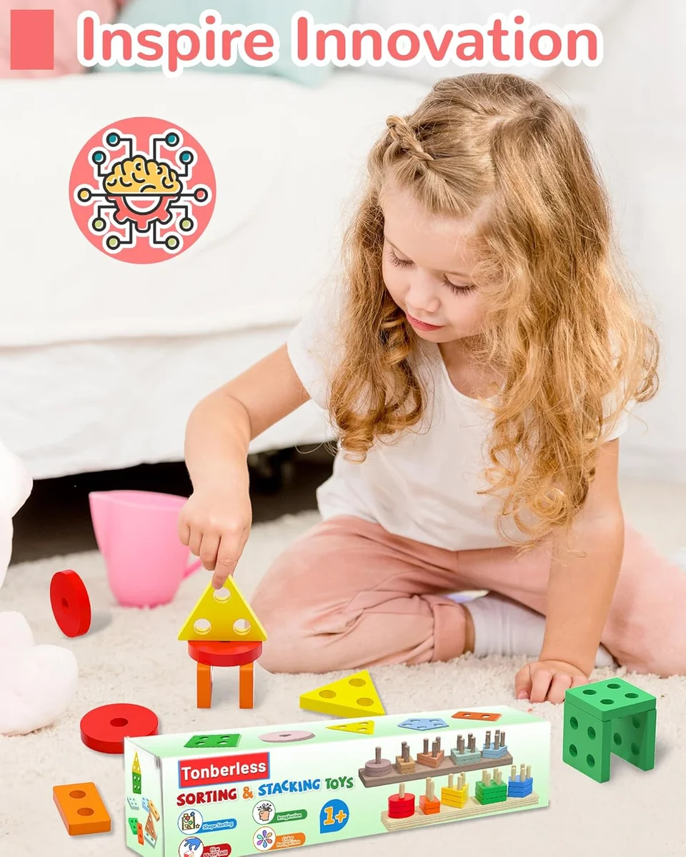 Tonberless Montessori Toys Shape Sorter 20 Pieces Wooden Learning Puzzles Multicolored New image 4