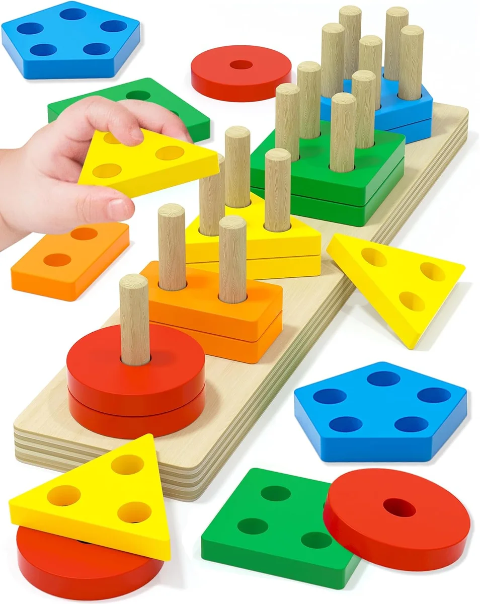 Tonberless Montessori Toys Shape Sorter 20 Pieces Wooden Learning Puzzles Multicolored New