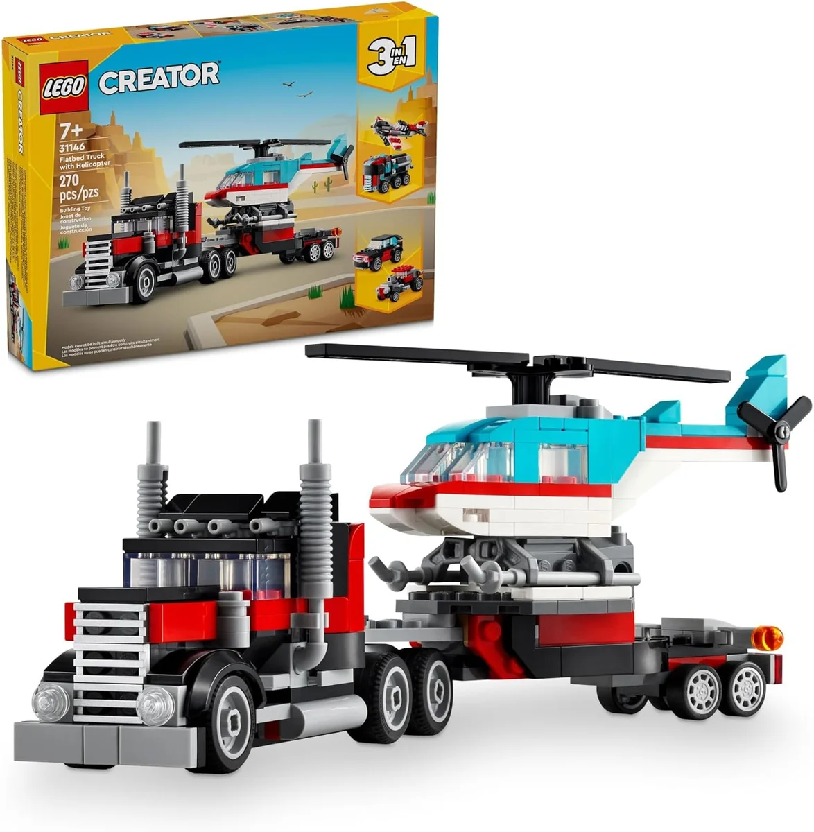 LEGO Creator 3 in 1 Flatbed Truck with Helicopter 31146 Transforms to Propeller Plane, Hot Rod Multicolor New