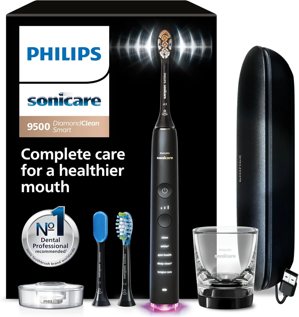 Philips Sonicare DiamondClean Smart 9500 Electric Toothbrush HX9923/11 - 15 Brushing Settings, Pressure Sensor, USB Charging Black - New