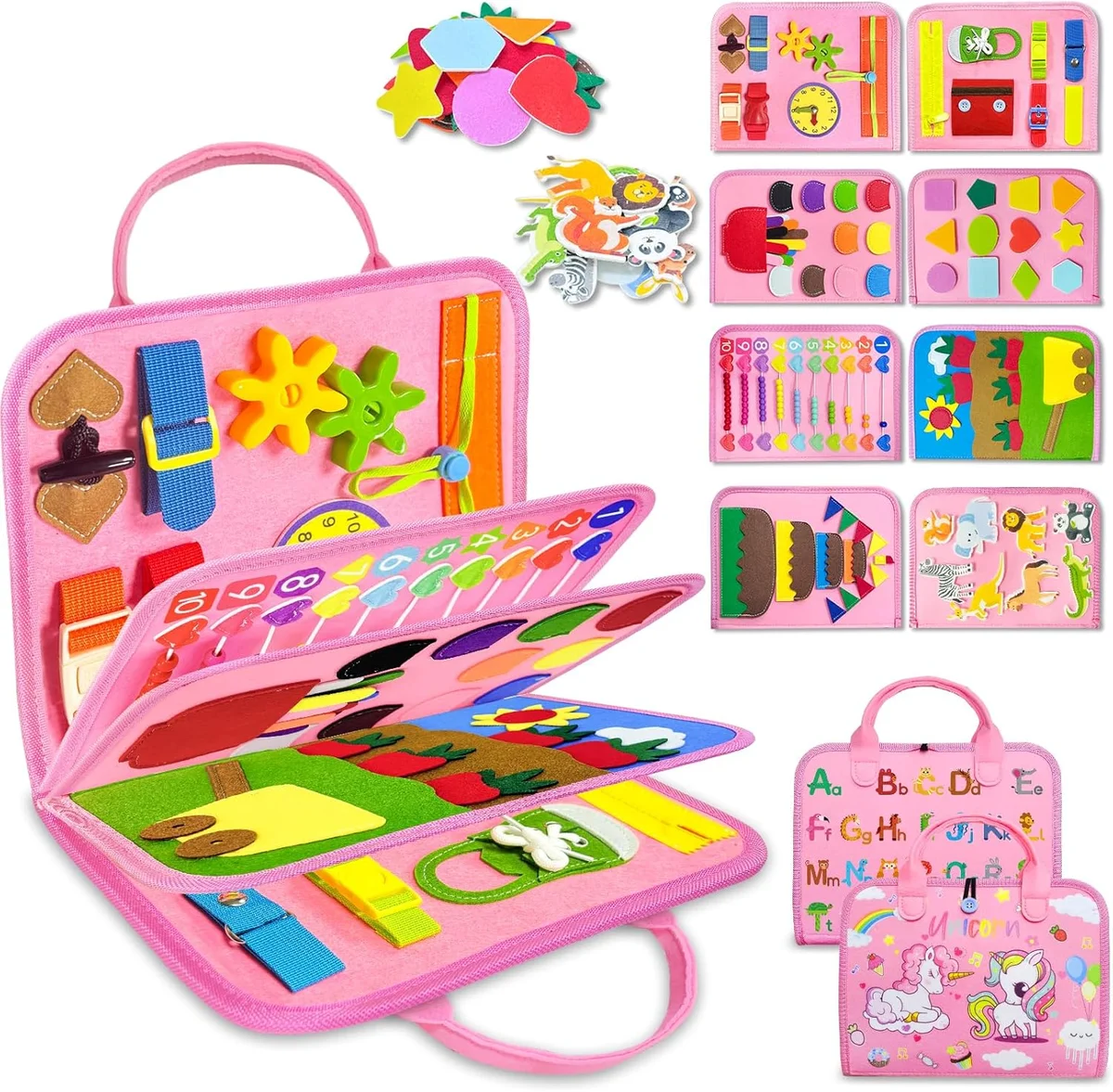 Exorany Busy Board Montessori Toys for Toddlers nm-zjb-uni-pink-5p Educational Activities 8 Pages Pink New