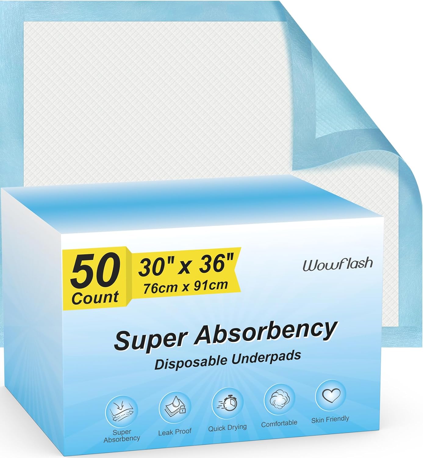 Wowflash Disposable Underpads 30" x 36" 50 Count - Blue - New