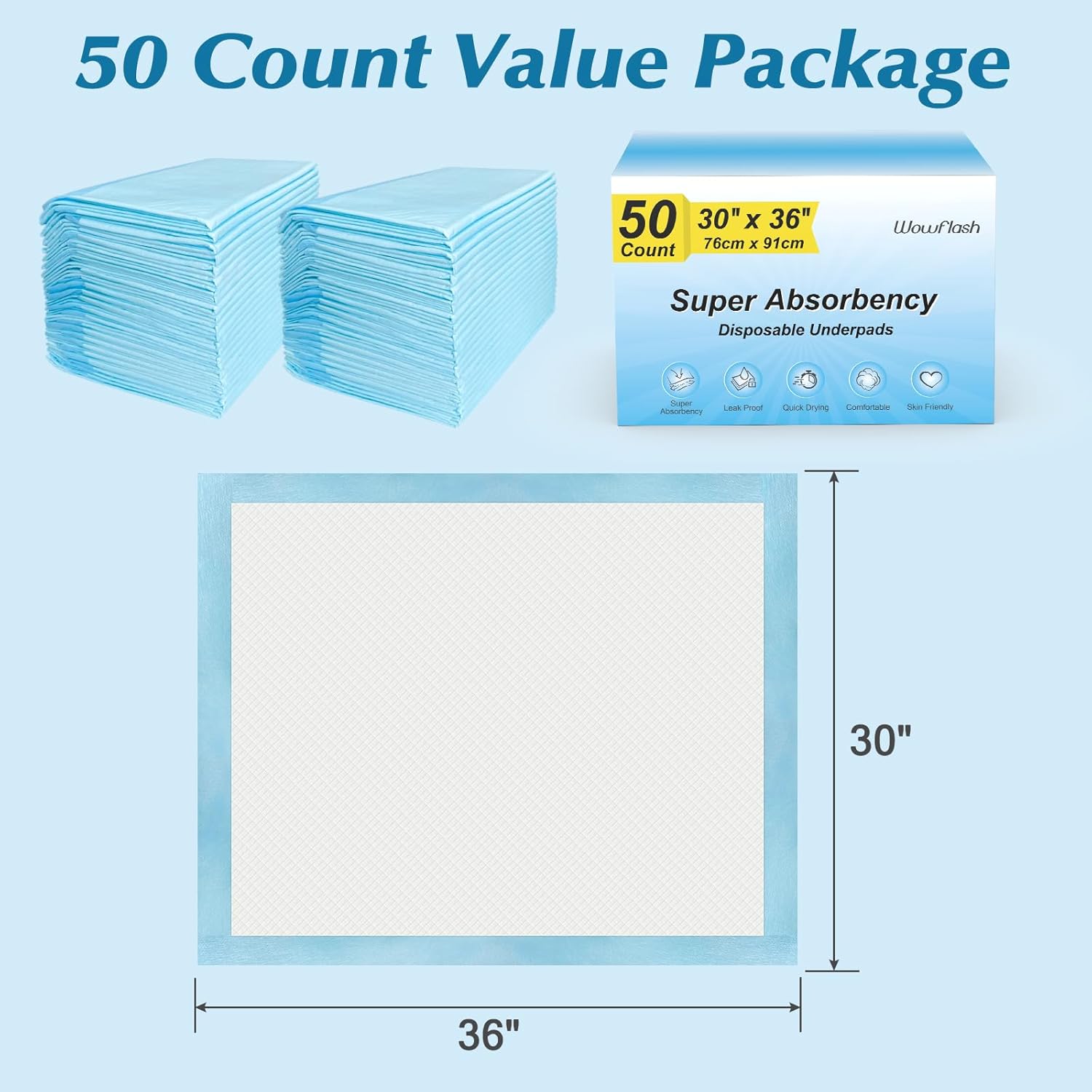 Wowflash Disposable Underpads 30" x 36" 50 Count - Blue - New image 7