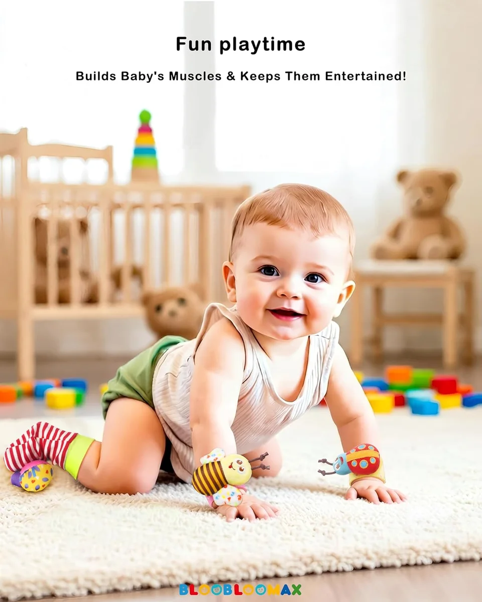 BLOOBLOOMAX Wrist Rattle Socks and Foot Finder Set Rattle03 Baby Toys for 0-36 Months Wine Red New image 4