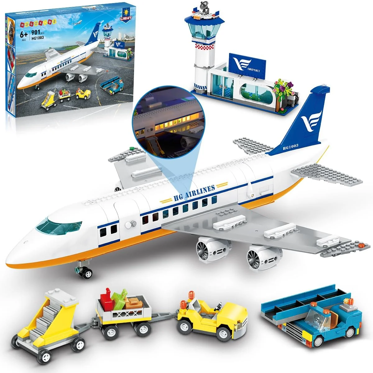 HOGOKIDS City Passenger Airplane Building Set HG-HG1003 901 PCS with LED Light White New