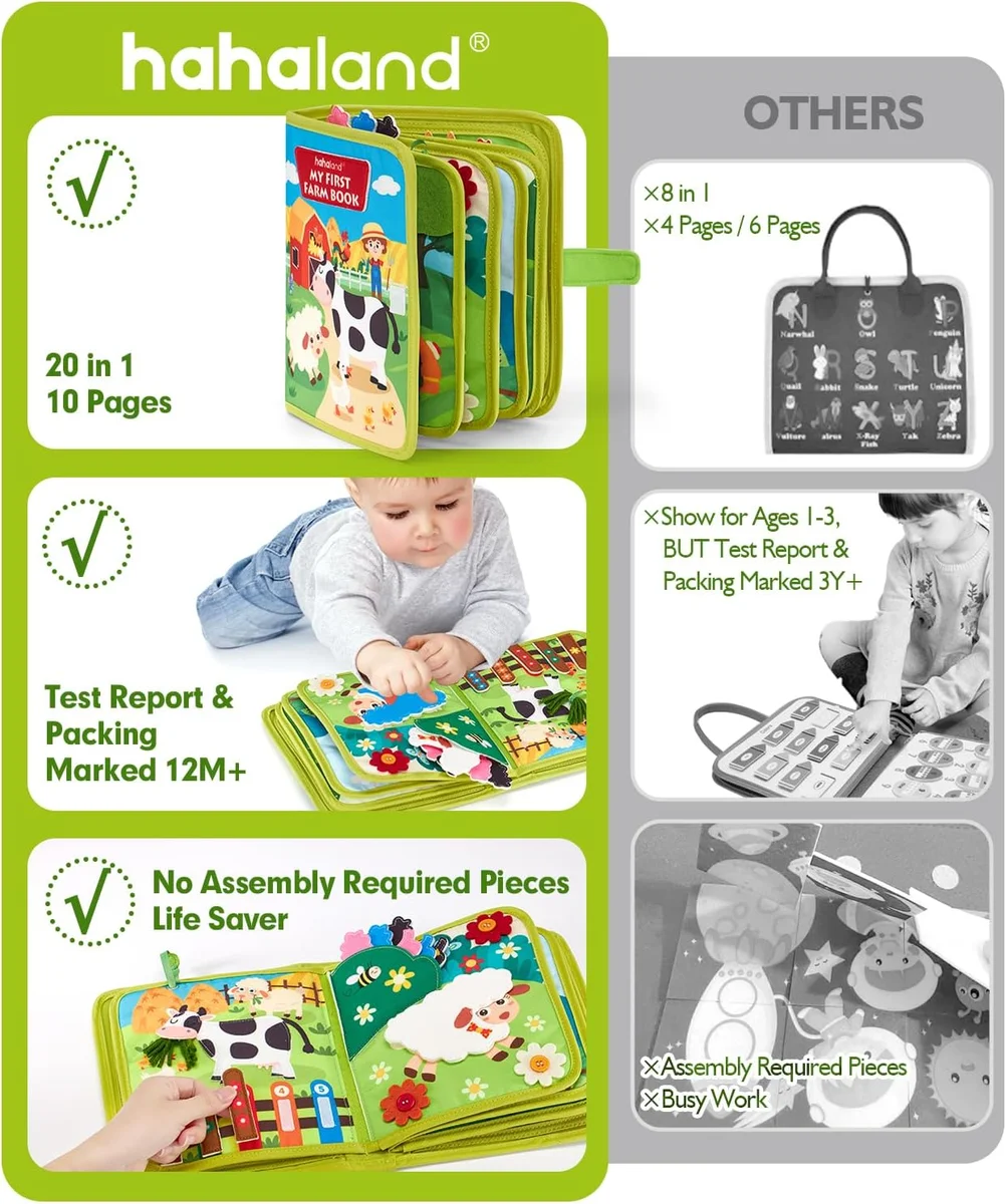 hahaland Busy Book for Toddlers 1-3 Montessori Toy MFB001 20 Activities Fabric Farm New image 2