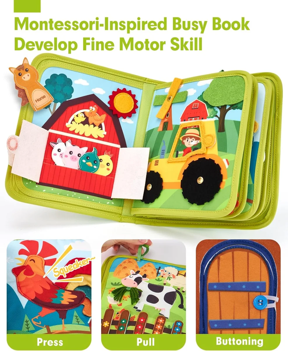 hahaland Busy Book for Toddlers 1-3 Montessori Toy MFB001 20 Activities Fabric Farm New image 4