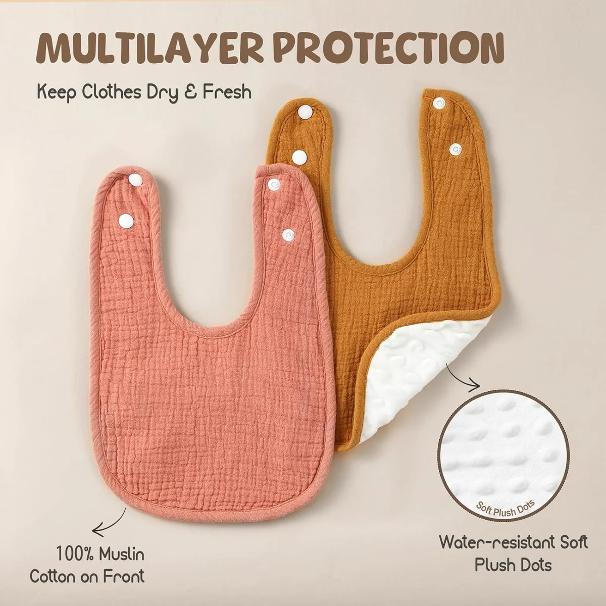 POIKSHARK Muslin Baby Bibs 6-Pack Cotton Unisex Neutral - New image 2
