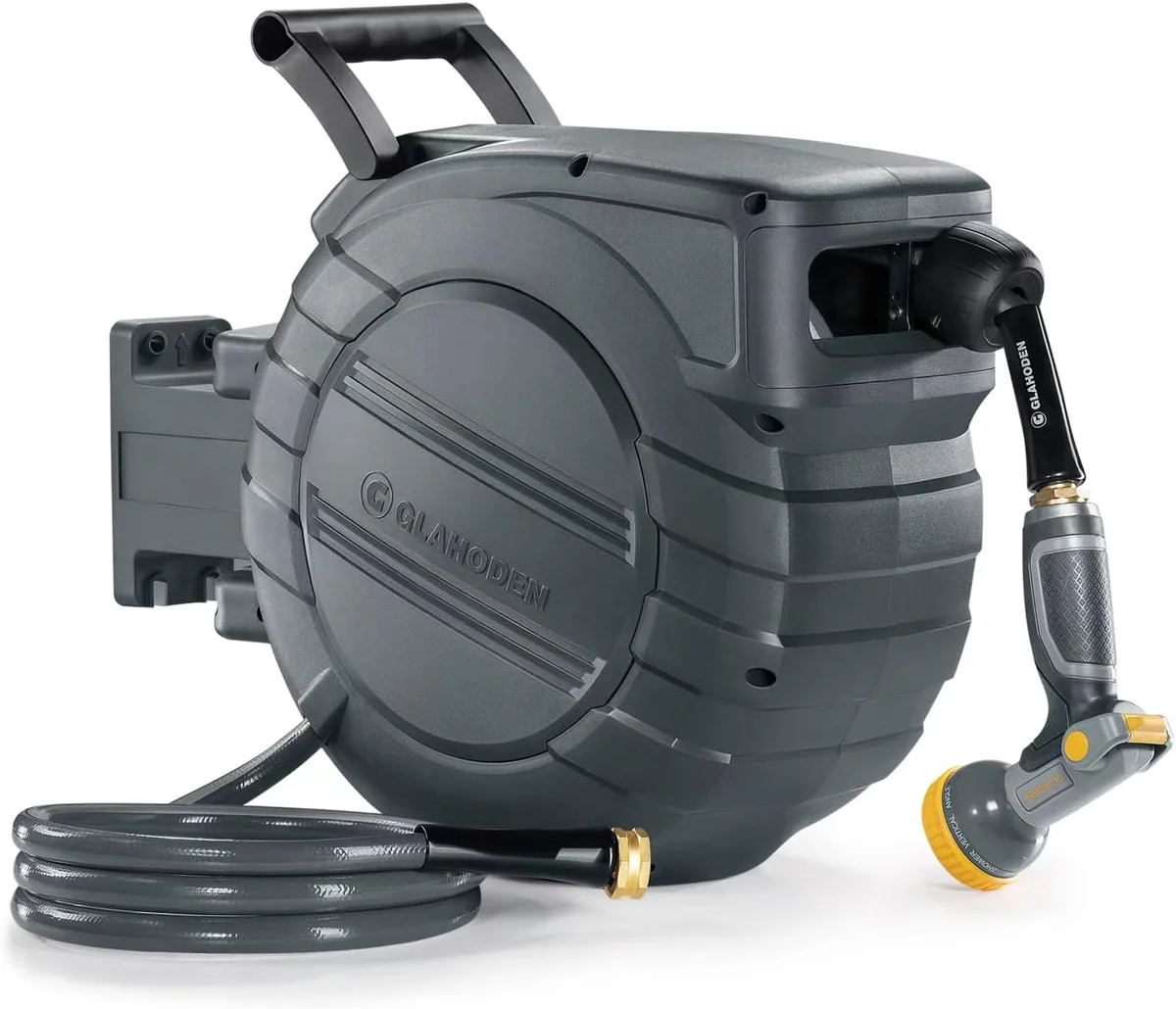 GLAHODEN Retractable Garden Hose Reel 1/2 in x 100 ft NW-J30B-EU Dual Ratchet Lock Dark Gray New image 9