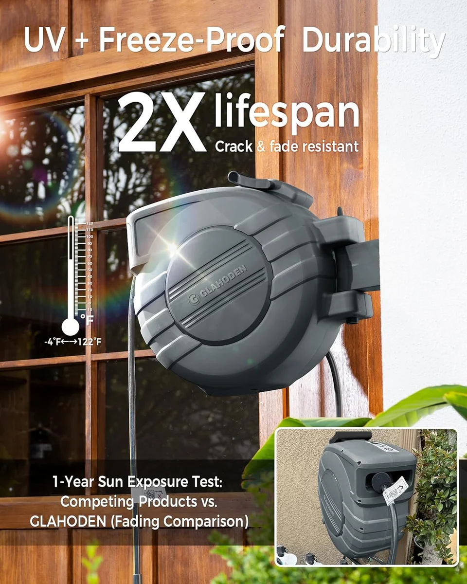 GLAHODEN Retractable Garden Hose Reel 1/2 in x 100 ft NW-J30B-EU Dual Ratchet Lock Dark Gray New image 10