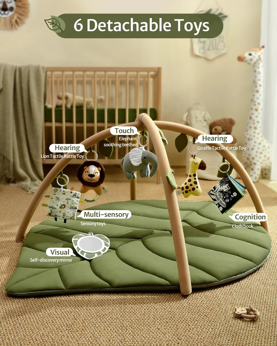 Blissful Diary Baby Play Gym & Activity Mat, Oversize Leaf Shaped Baby Play Mat w 6 Detachable Toys, Tummy Time Mat Promote Motor Skills & Sensory Development Mat, Newborn Infant Baby Essentials Gift image 10