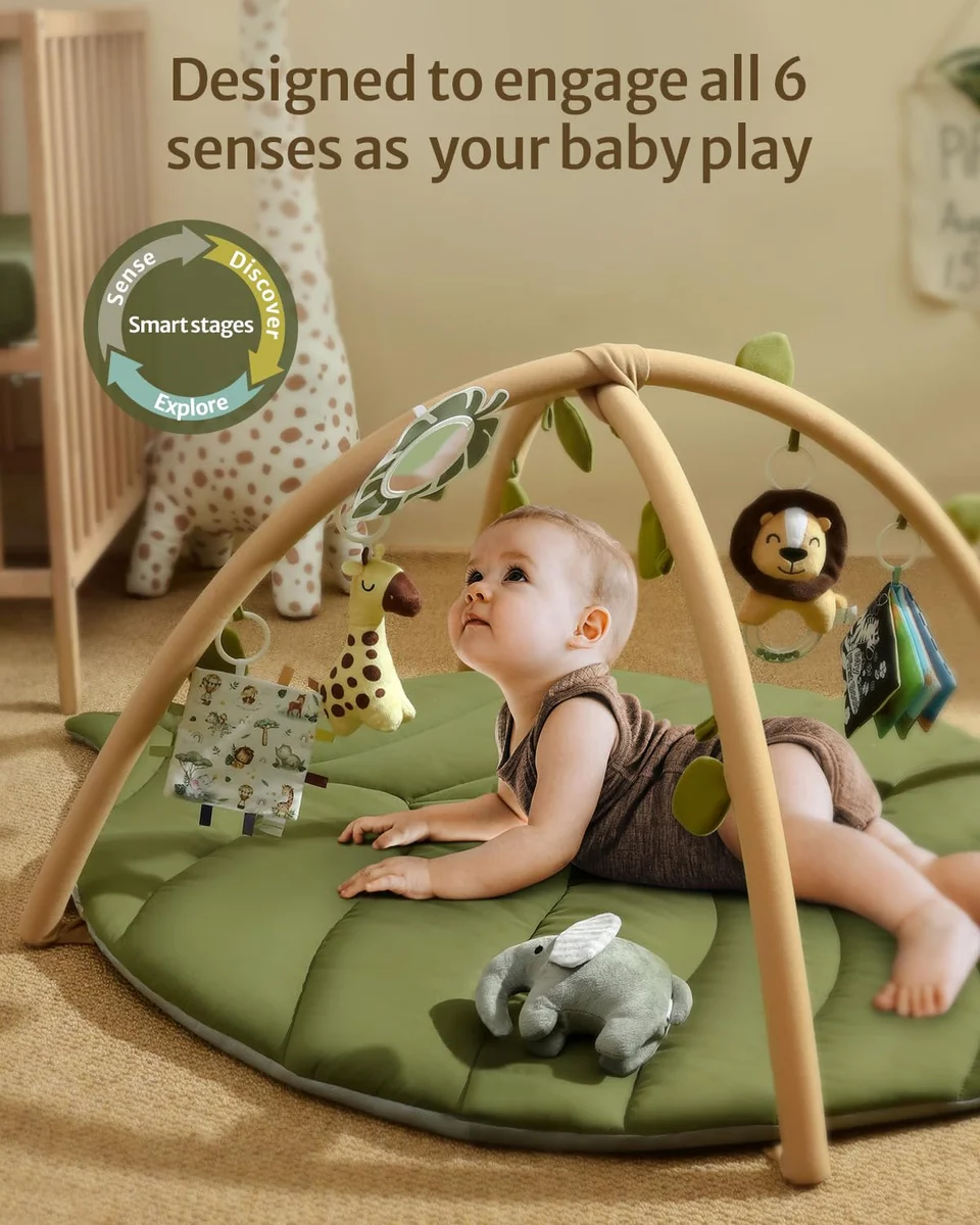 Blissful Diary Baby Play Gym & Activity Mat, Oversize Leaf Shaped Baby Play Mat w 6 Detachable Toys, Tummy Time Mat Promote Motor Skills & Sensory Development Mat, Newborn Infant Baby Essentials Gift image 9